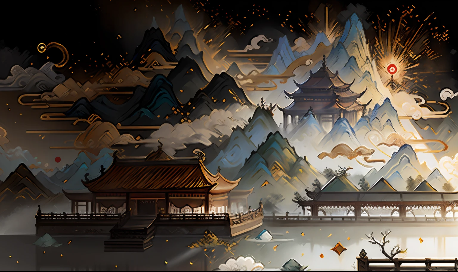 An ancient Chinese painting, ancient Chinese background, mountains, rivers, auspicious clouds, pavilions, sunshine, masterpieces, super detail, epic composition, ultra HD, high quality, extremely detailed, official art, unified 8k wallpaper, Super detail, 32k -- v 6