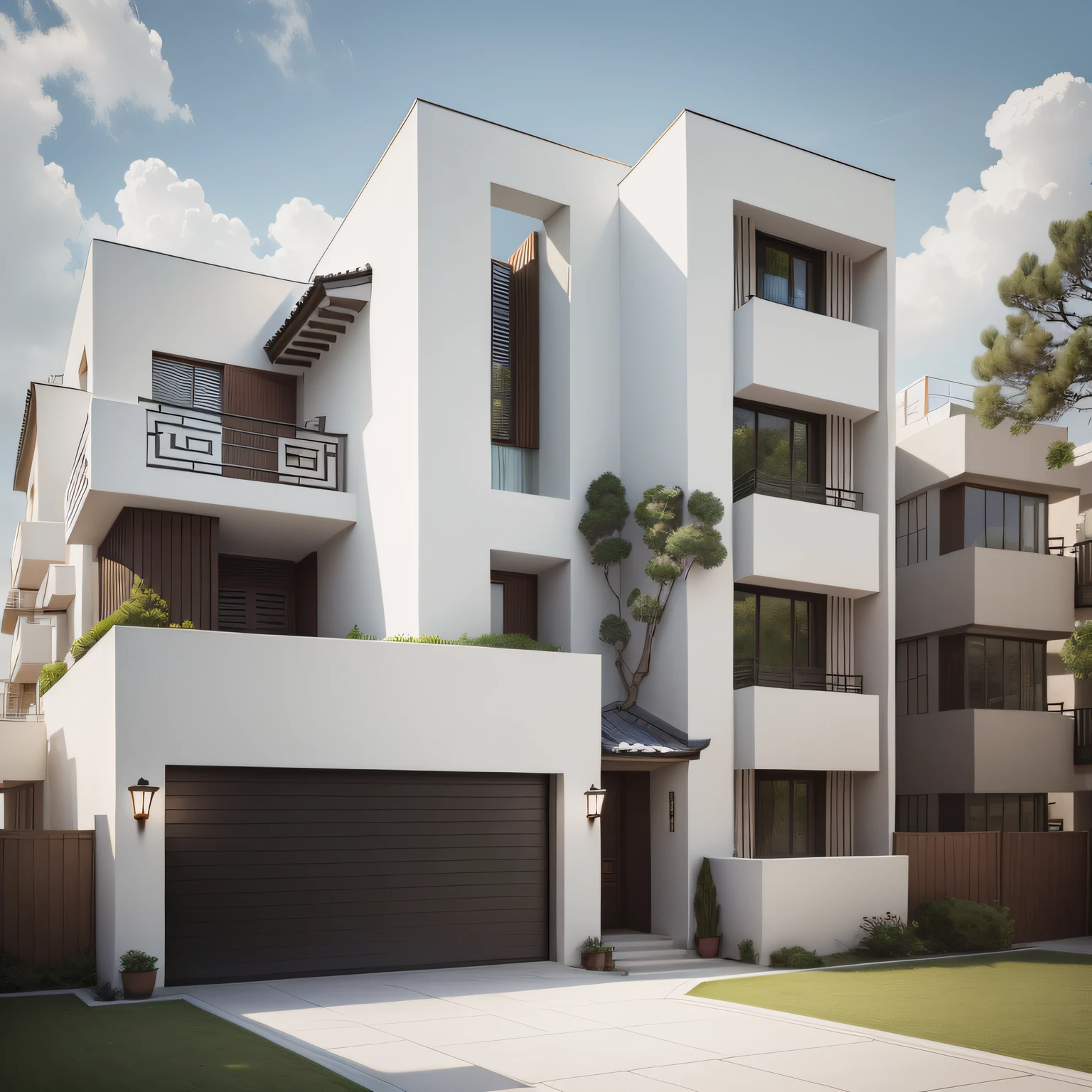 A 5-storey house,Overlooking the 5-storey house,The structure is uneven,Pitched roof The balcony is dark stone,Some concave white walls are different, Green tiles, modernsimplicity, Large floor-to-ceiling windows, Black Gate, Blue windows, White glass, Chinese style villa