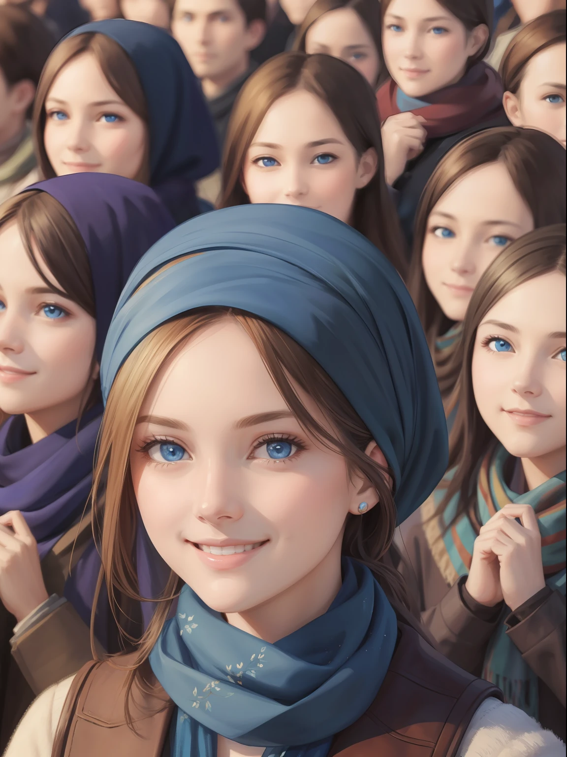 masterpiece, best quality, photorealistic, portrait of young women, smiling, blue eyes, with scarf, in front of crowd