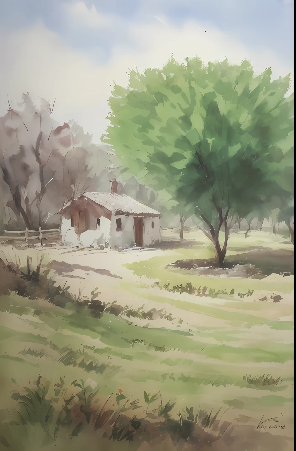 Pintura de realista, Small path of Spanish rural house, trees, sol brillante, sombra,