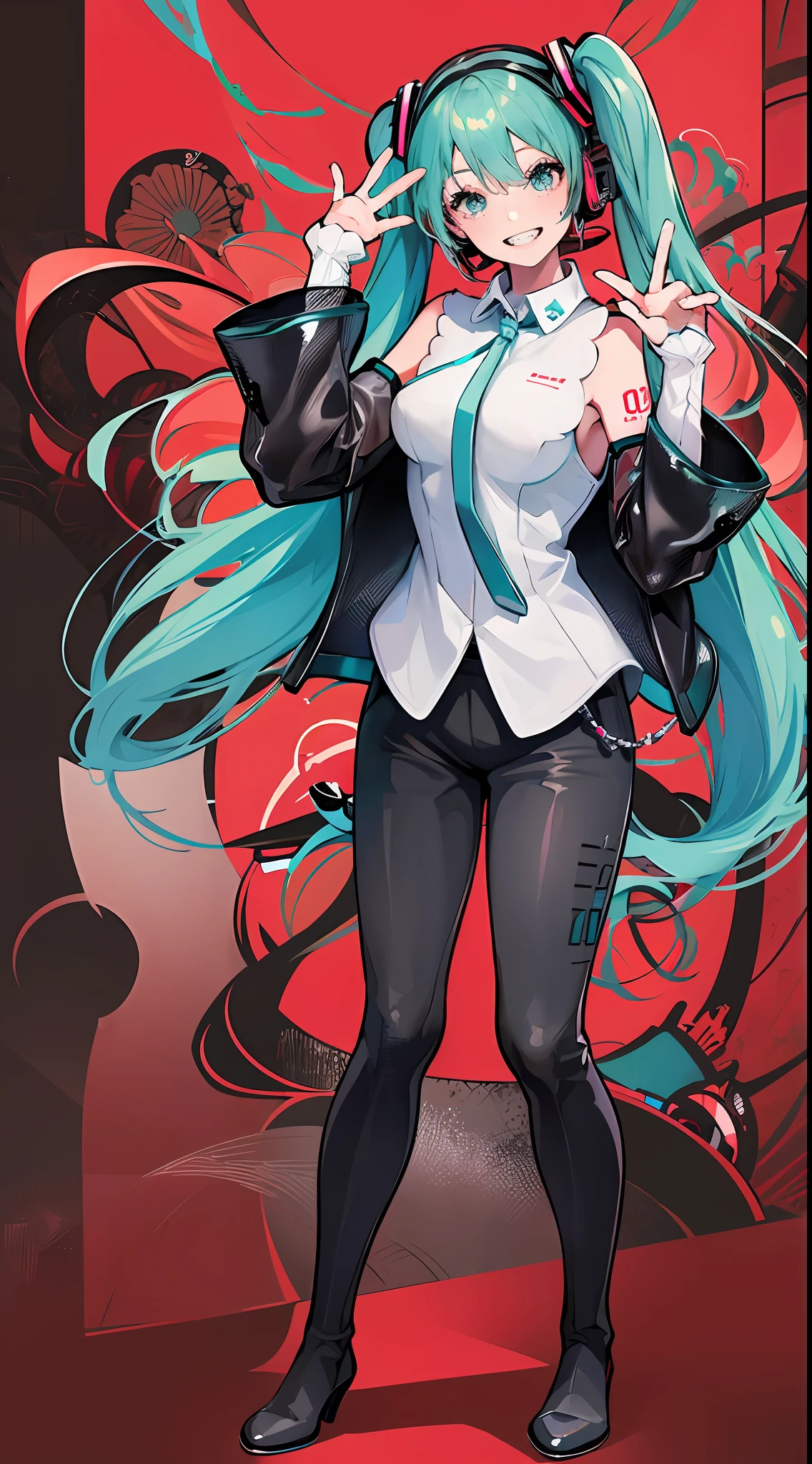 (masterpiece), (best quality), (miku), (border), (looking at viewer), 1girl, (grin), happy, smile, full body, dynamic pose, wearing jacket and long pants