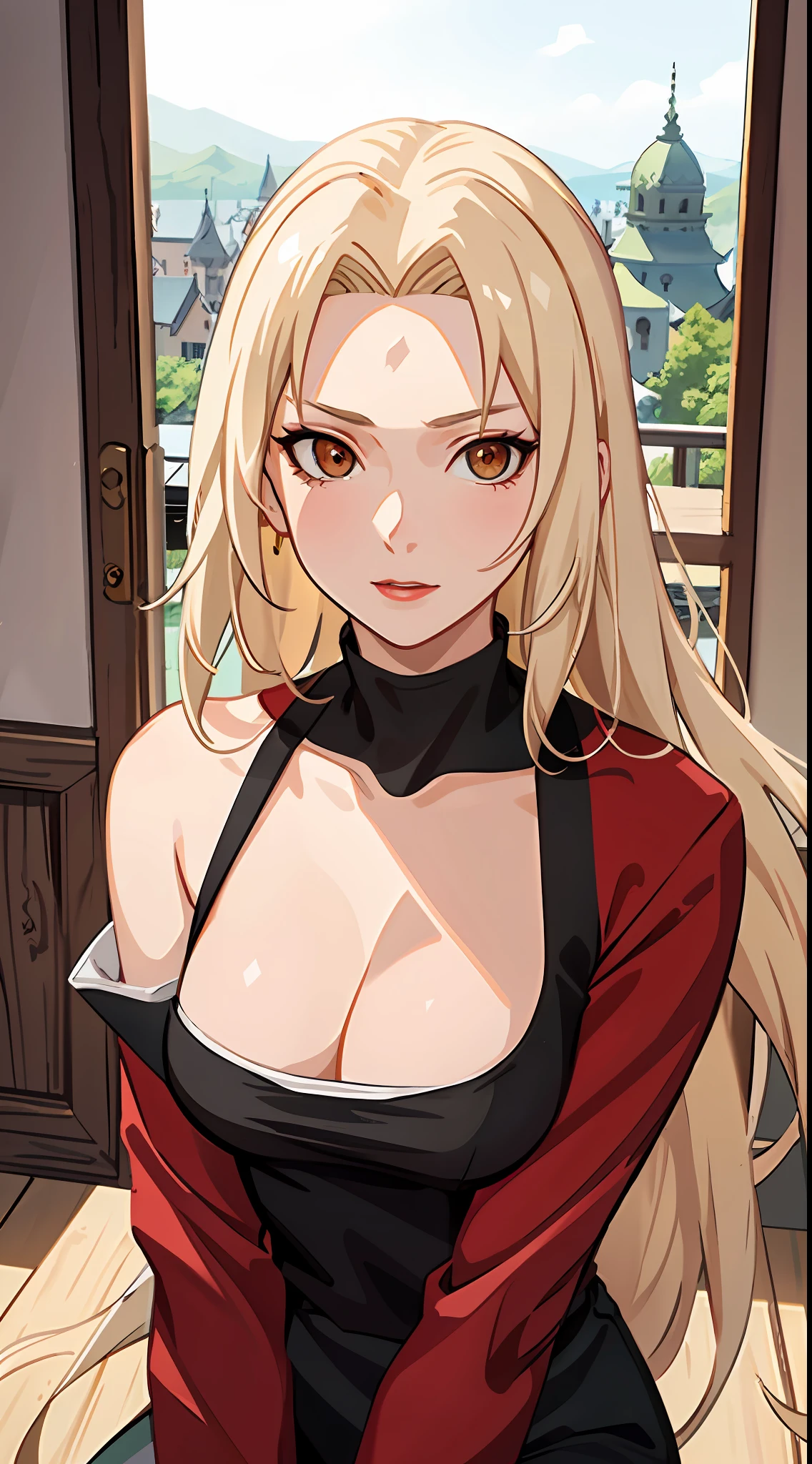 Tsunade，is shy，one-girl，Top-down view，Off-the-shoulder attire，little breast，Front view，blond hairbl，long whitr hair，with brown eye，Red lips，lipsticks，pub，ssmile，Be red in the face，Green coat，Close-up，drink，Piva，sitted，Naruto，HighestQuali，Art student，4K