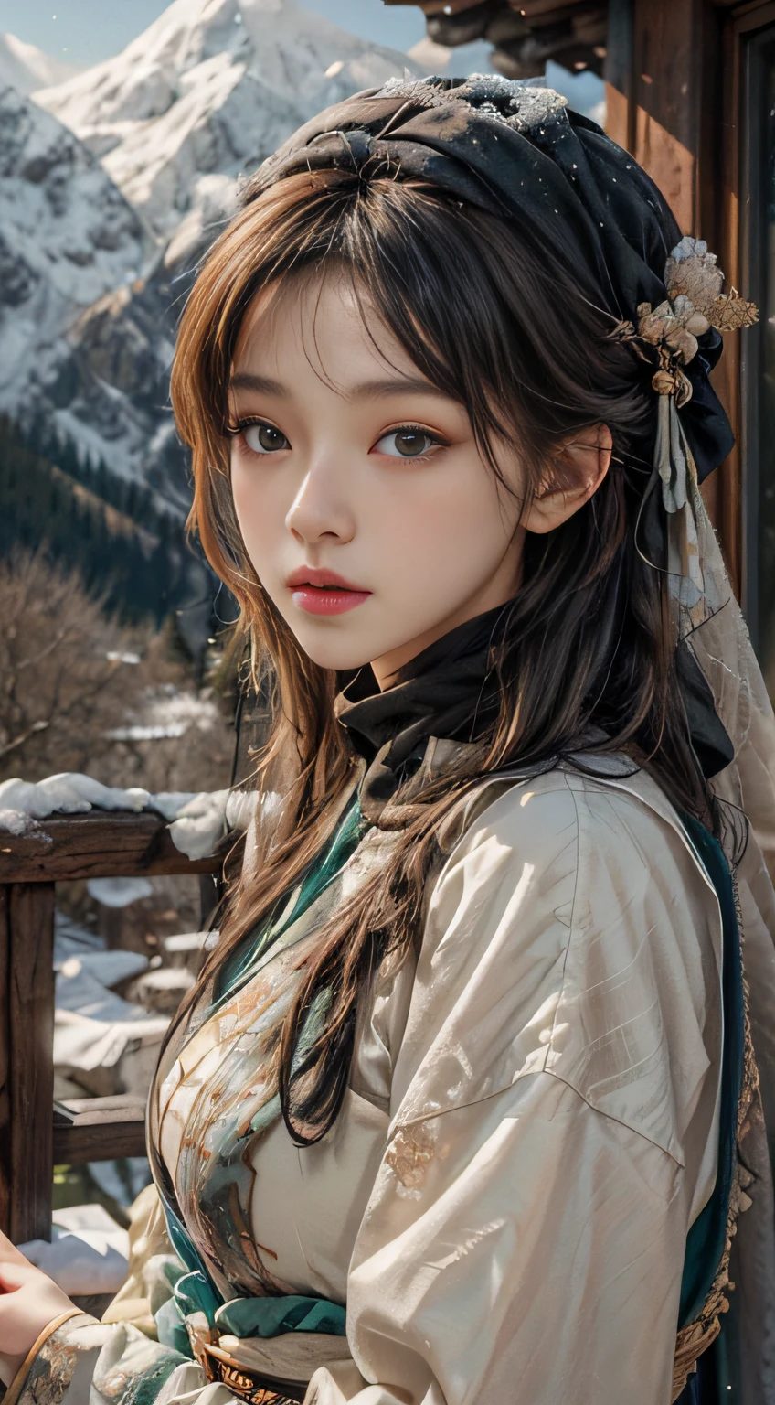 snow mountains,ln the forest,hillside,Quiet,Rustic,High-definition detail、hyper-detailing、cinematic ligh、ultra-realistic realism、Soft light、Deep field focus bokeh、Hanfu,hijabi sluty