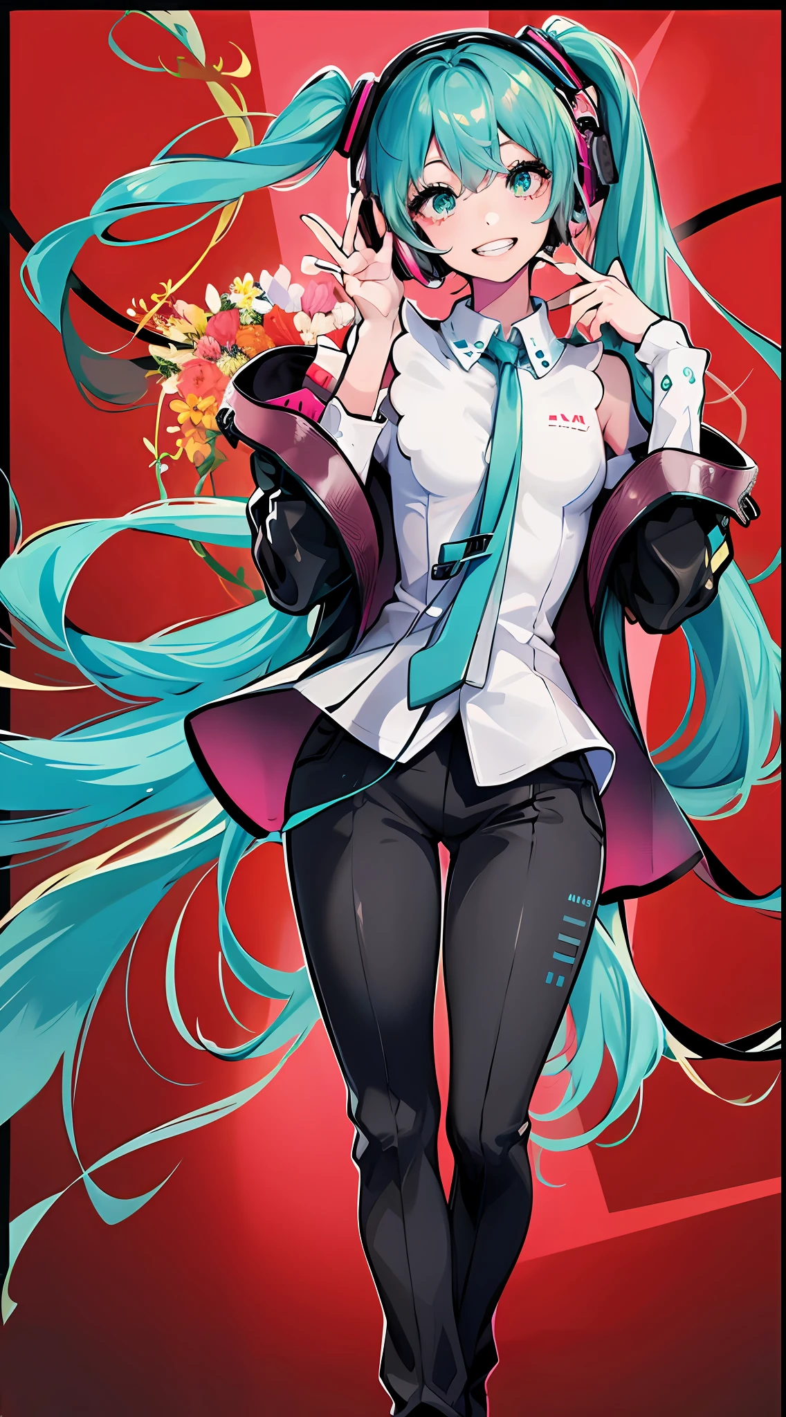 (masterpiece), (best quality), (miku), (border), (looking at viewer), 1girl, (grin), happy, smile, full body, dynamic pose, wearing jacket and long pants