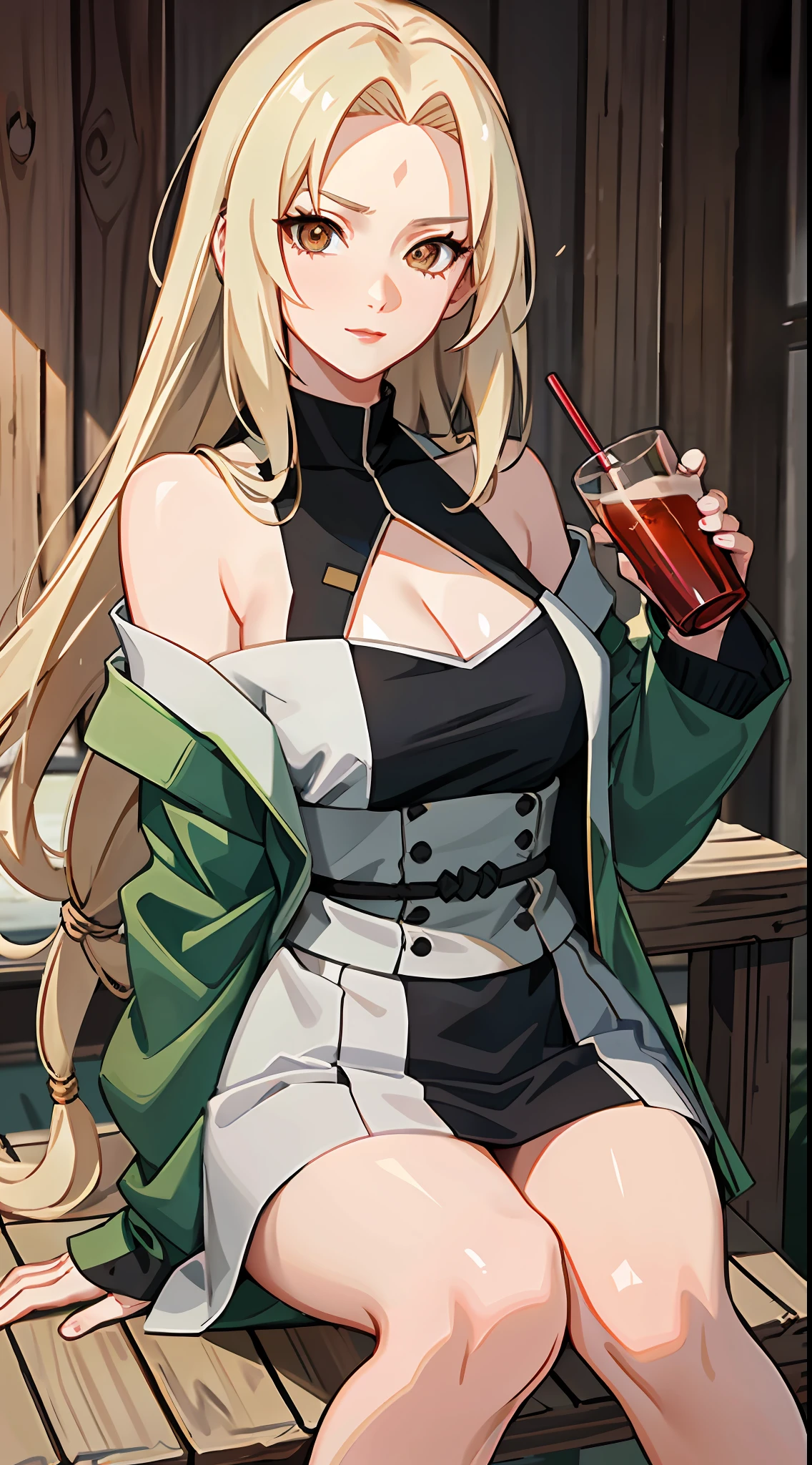 Tsunade，is shy，one-girl，Top-down view，Off-the-shoulder attire，little breast，Front view，blond hairbl，long whitr hair，with brown eye，Red lips，lipsticks，pub，ssmile，Be red in the face，Green coat，Close-up，drink，Piva，sitted，Naruto，HighestQuali，Art student，4K