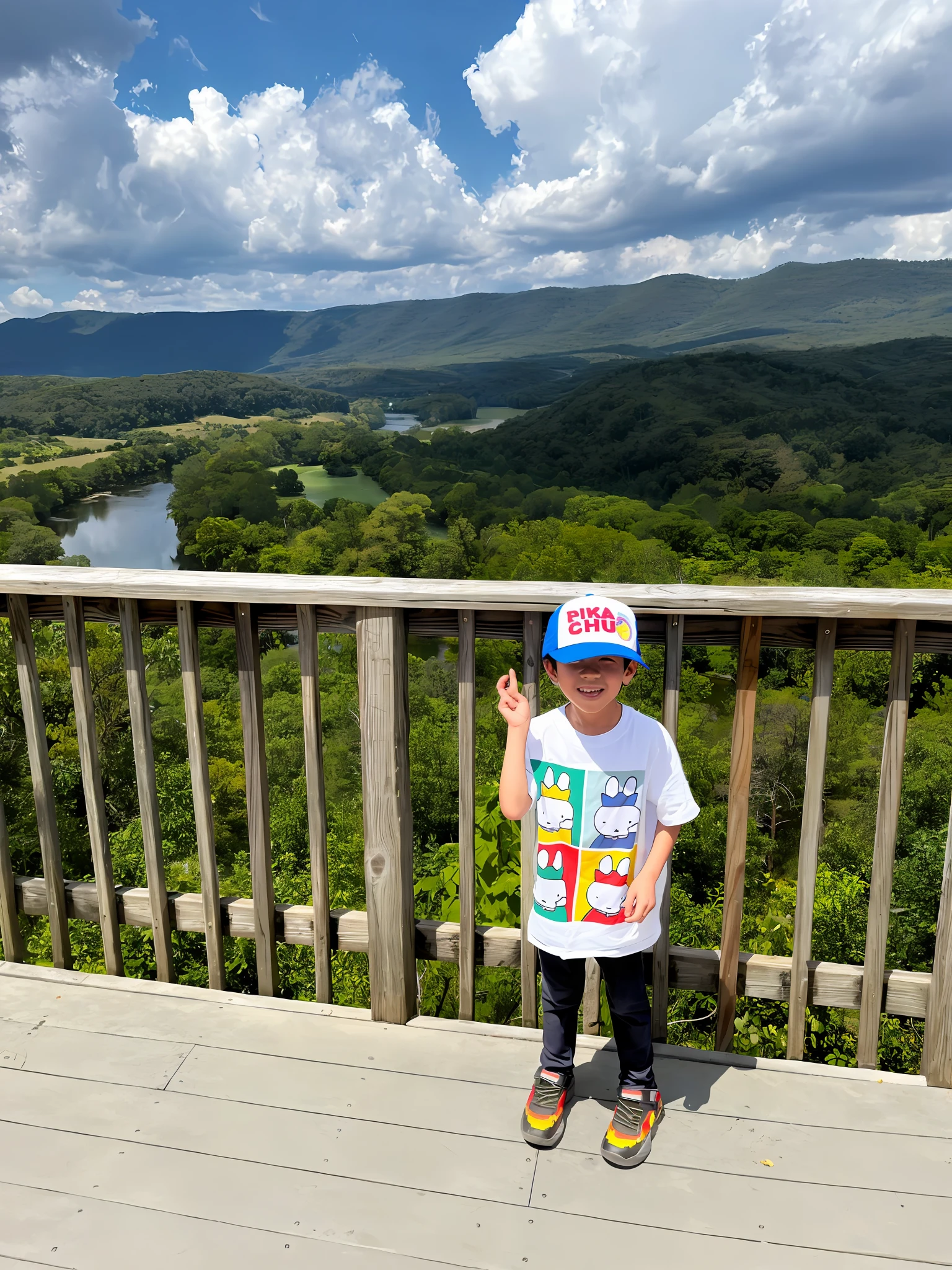 The Alafard boy stood on the deck,Skateboard in hand, looking over west virginia, all in the amazing outdoors view, river in front of him, overlooking valley, forrest in background, Stand in front of Mt, forrest in background, view from top, is playing happily, looking at the mountains, Towering over the landscape,Overlooking your view