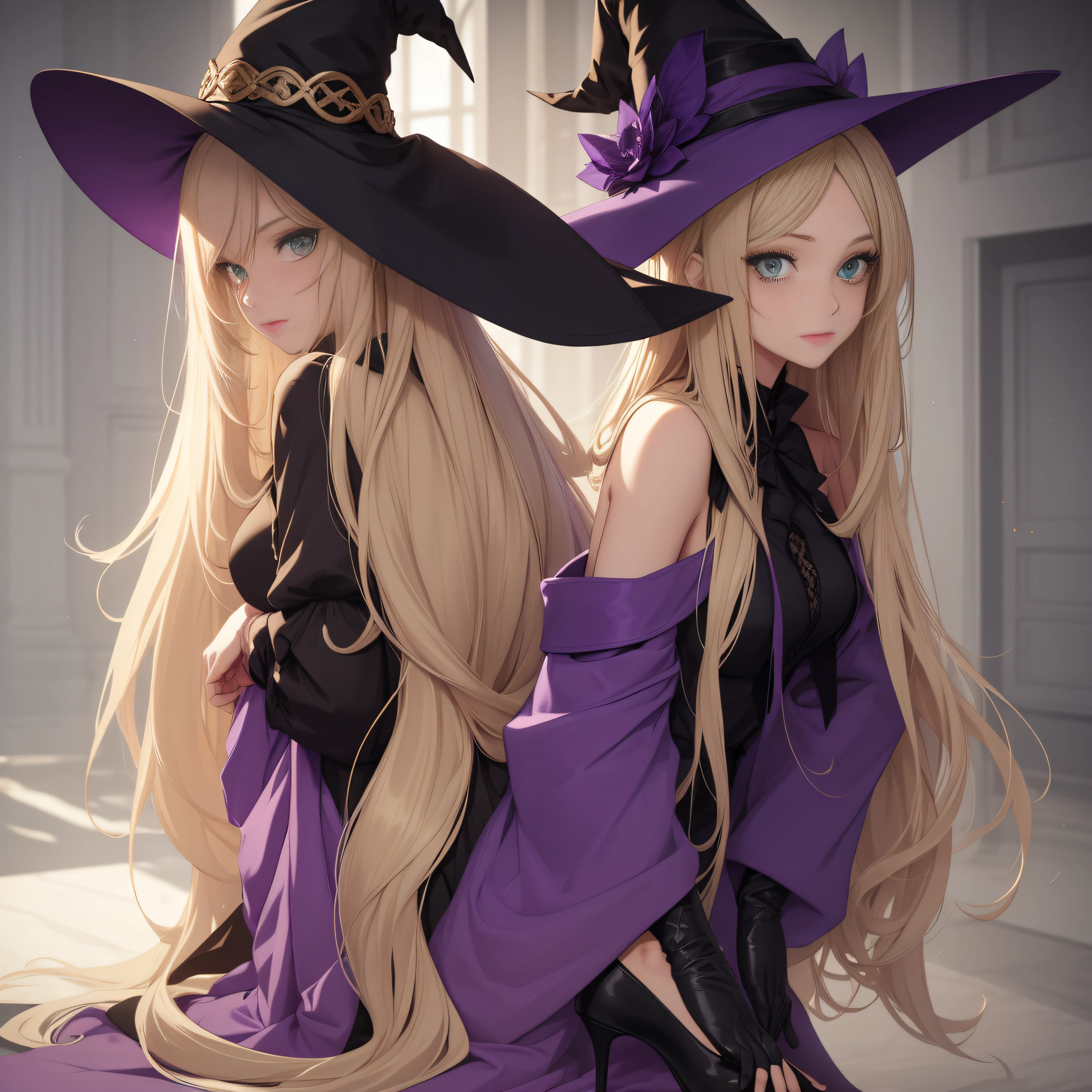 Long beige hair，Green eyes，Witch hat，Purple clothes，Raised sexy，seductiv，blacksilk，high-heels