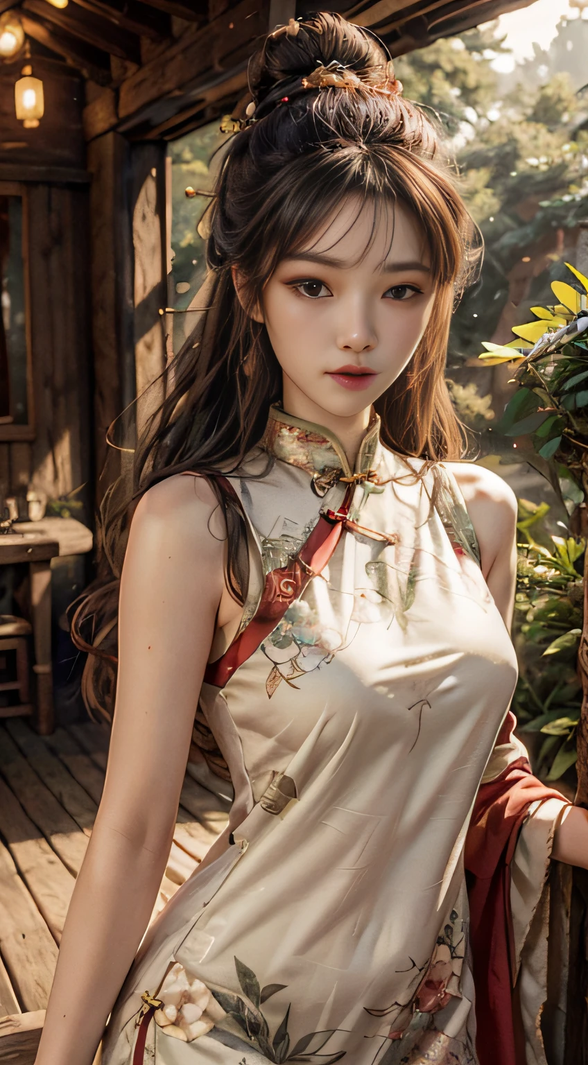 ln the forest，hillside，Quiet，Rustic，High-definition detail、Hyper-detailing、cinematic ligh、ultra-realistic realism、Soft light、Deep field focus bokeh、on cheongsam，full bodyesbian