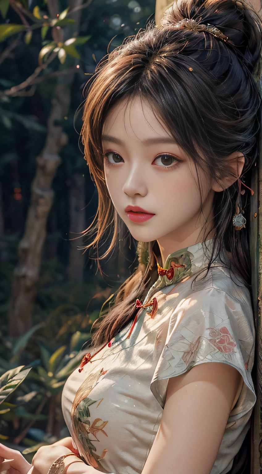 ln the forest,hillside,Quiet,Rustic,High-definition detail、Hyper-detailing、cinematic ligh、ultra-realistic realism、Soft light、Deep field focus bokeh、on cheongsam,full bodyesbian