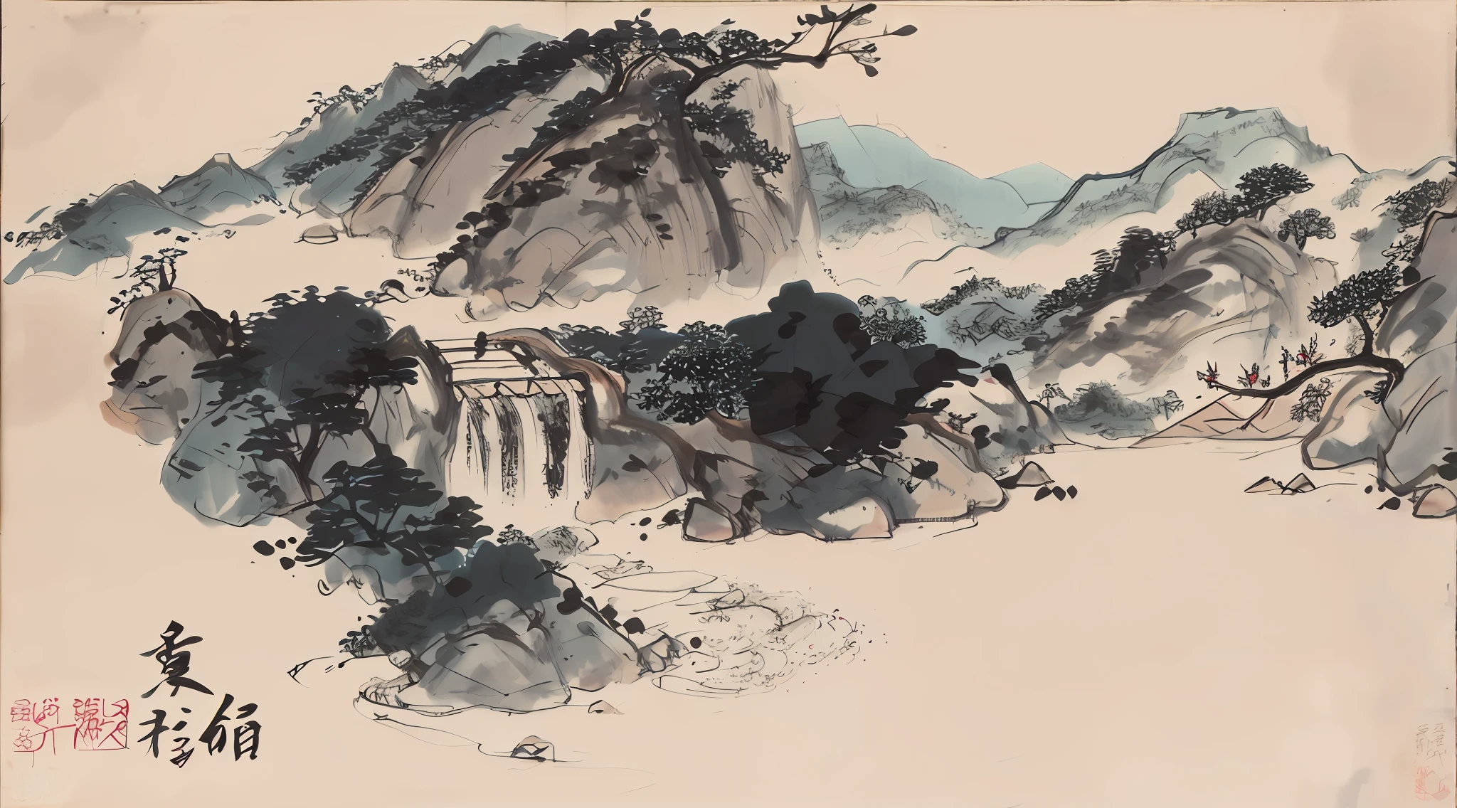 in Hanfu, Laugh in the Chinese mountains, There are mountains, there are waters, There is an idyllic area, Genre painting, depth of field, sparkle, halftone, UHD, highres, best quality, 16k, best quality, highres
