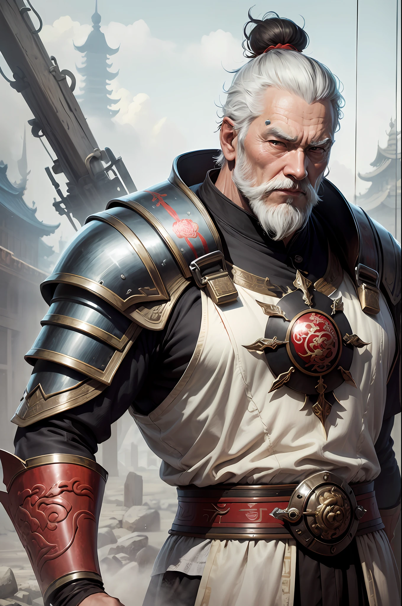 A general, Chinese style, black armor, sixty years old, white beard, one eye on his forehead, holding two iron bars in the shape of pagodas --auto --s2
