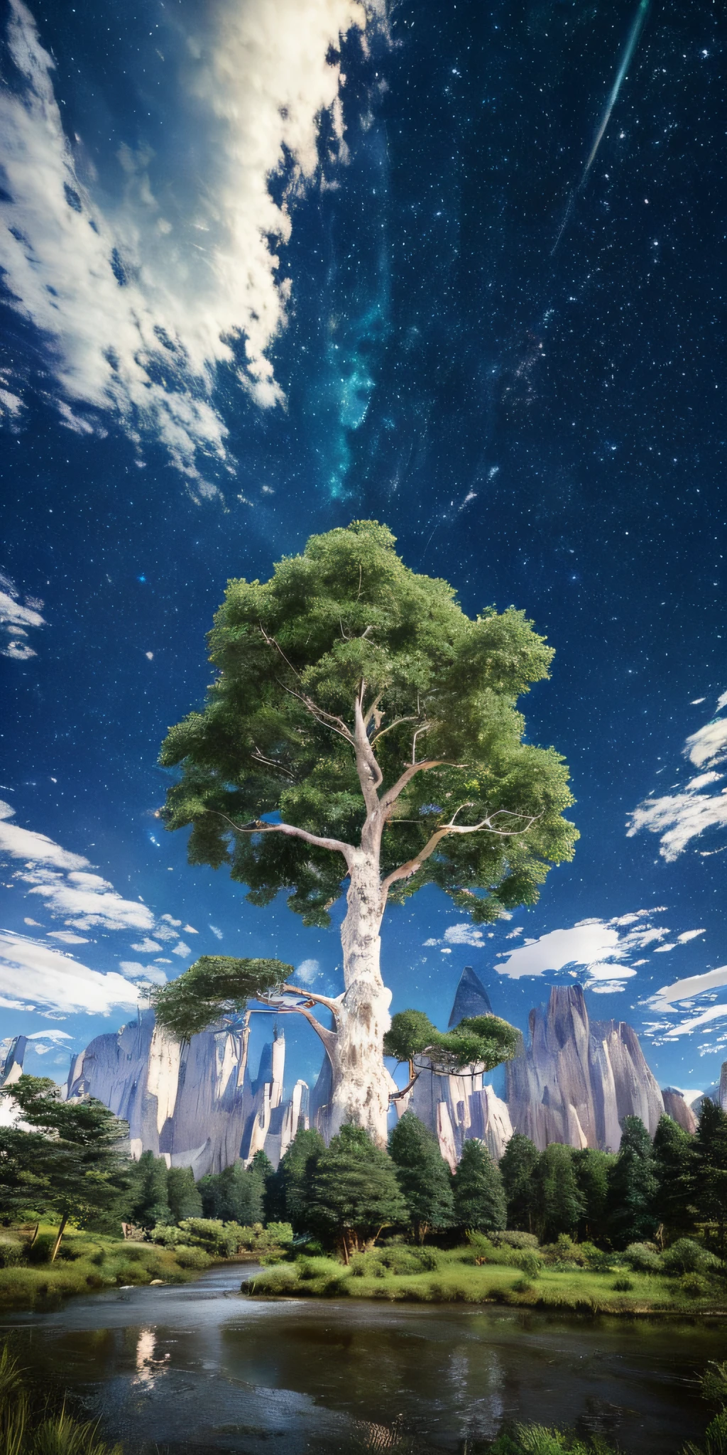 Illustration of a hyperrealistic , otherworldly, ultrasky scene featuring a giant crystal tree full body,very detailed and magical lighting, intricate forest details, vegetation and river around, solarpunk ,landscape, giant tree, beatifull leafy with beautiful lighting and realistic proportions, as if it were a cinematic background, 8k, highest quality, masterpiece, clouds and stars in the sky.