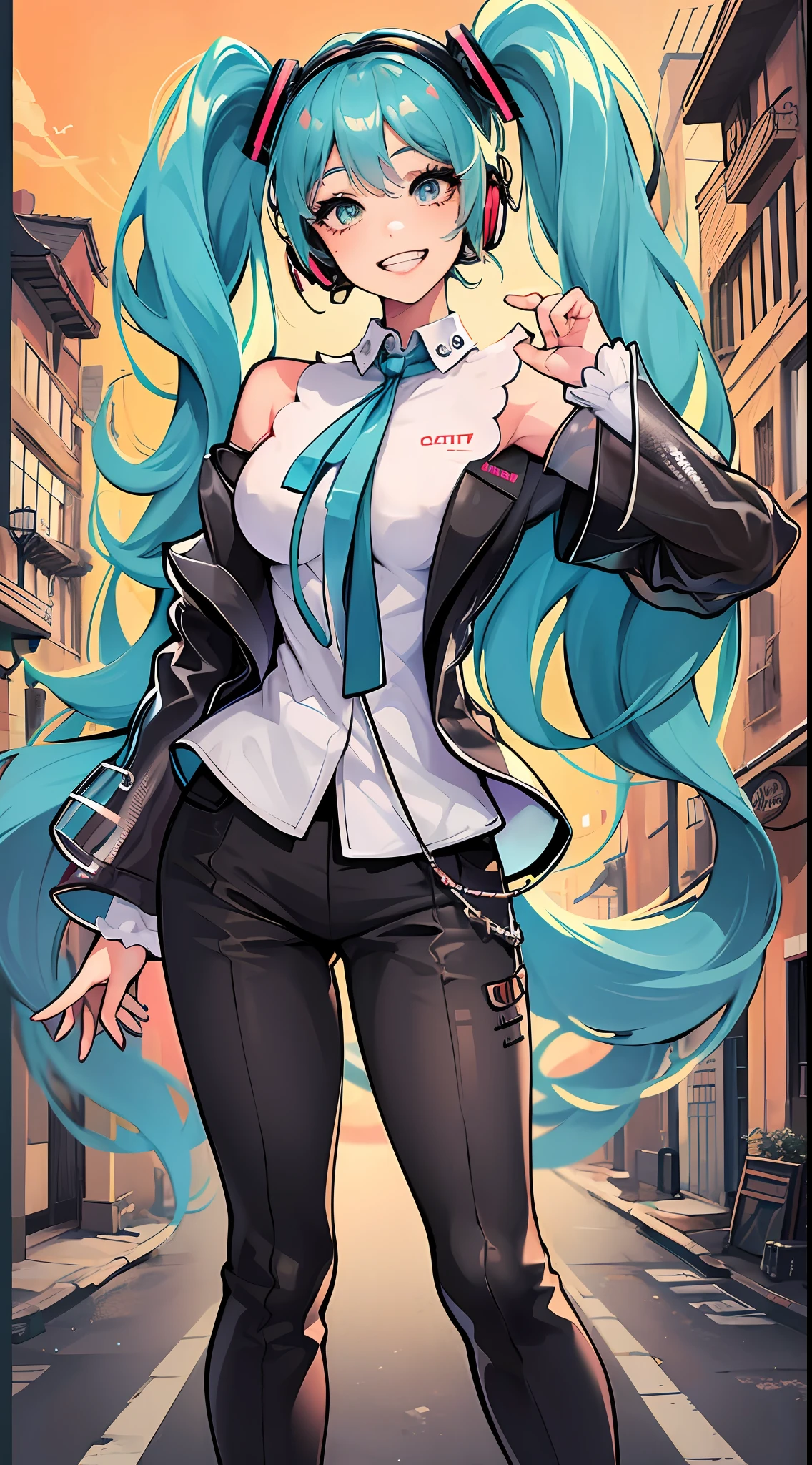 (masterpiece), (best quality), (miku), (border), (looking at viewer), 1girl, (grin), happy, smile, full body, dynamic pose, wearing colors jacket and colors long pants, city background