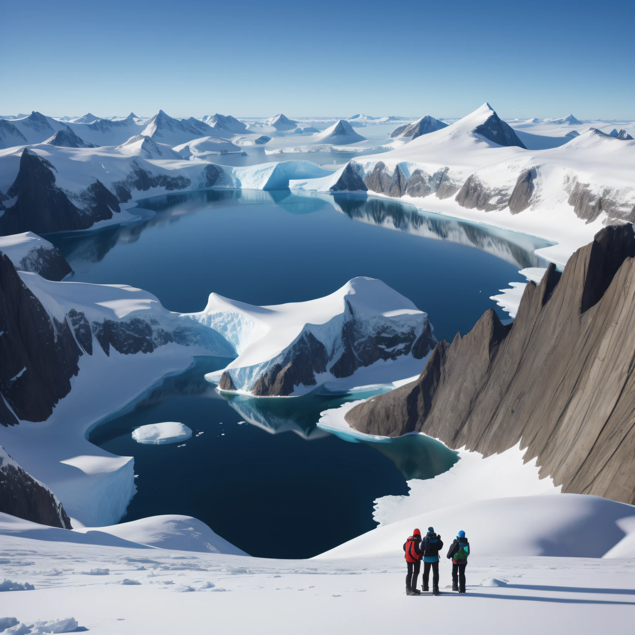 Antarctic landscape,perplexed,breathtaking mountains，A sphere with a dimensional world in dimensional thinking in landscape ,Four people stared at the vastness from behind, super tall , 8K, ultra-realistic realism, kinematics, Artistic
