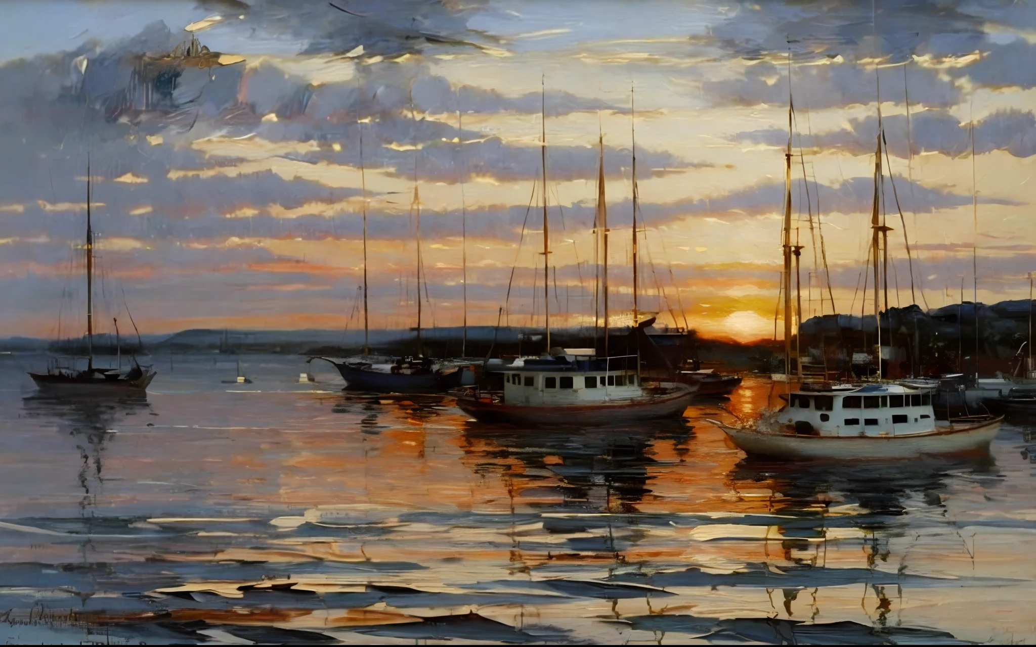 Joseph Kleitsch, Oil Painting, Oil Brushstrokes, Seaside, Boats, Sunset, Bold, Vibrant Brushstrokes and Unique, Elegant Style, Impressionists, Sea Level
