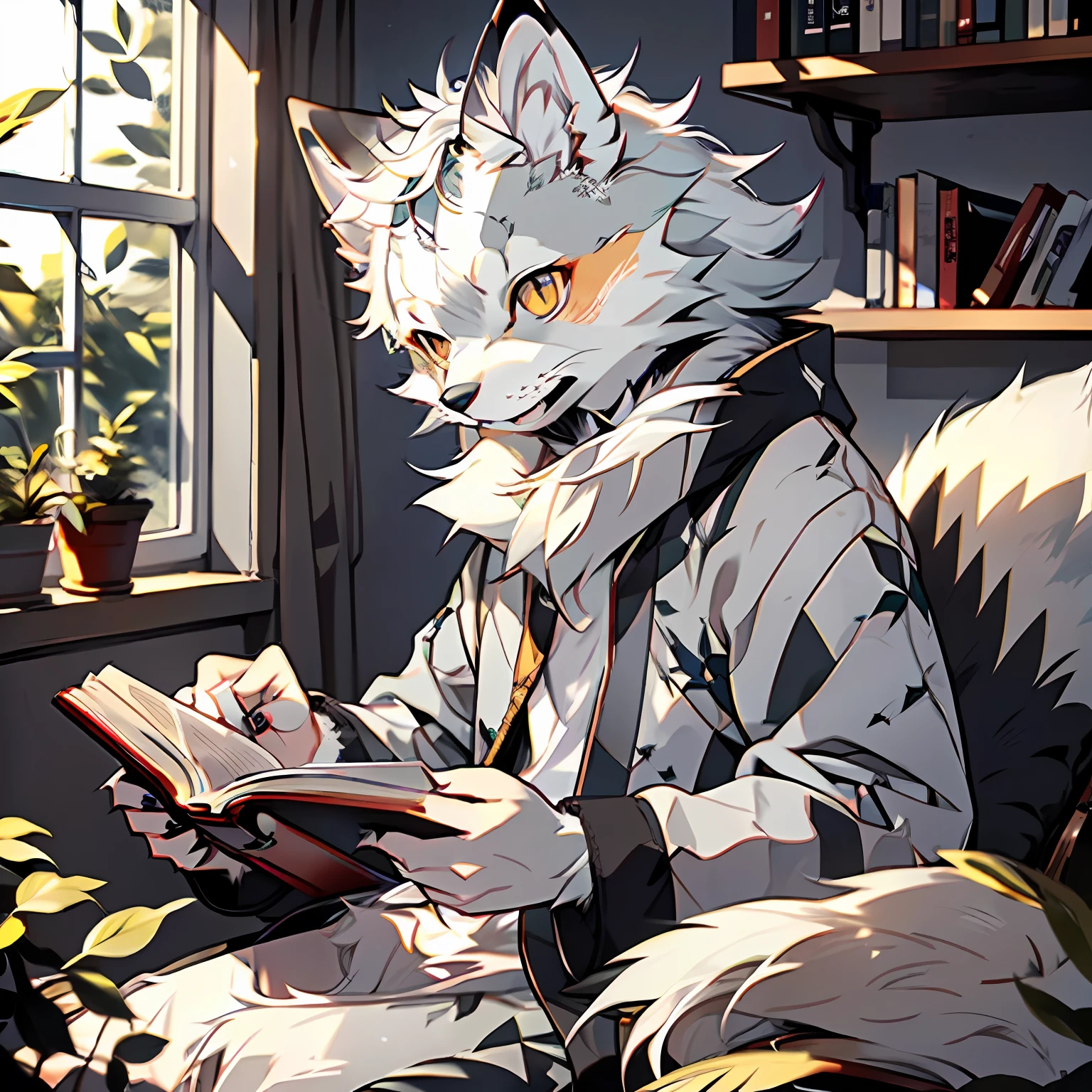 high detail, hyper quality, high resolution, 1080P, solo, furry, (male arctic fox: 1.5), (gray fur: 1.3), gray skin, gray ears, golden eyes, sharp claws, (fluffy tail: 1.2), sitting in chair reading a book, in the room, natural lighting, detailed background