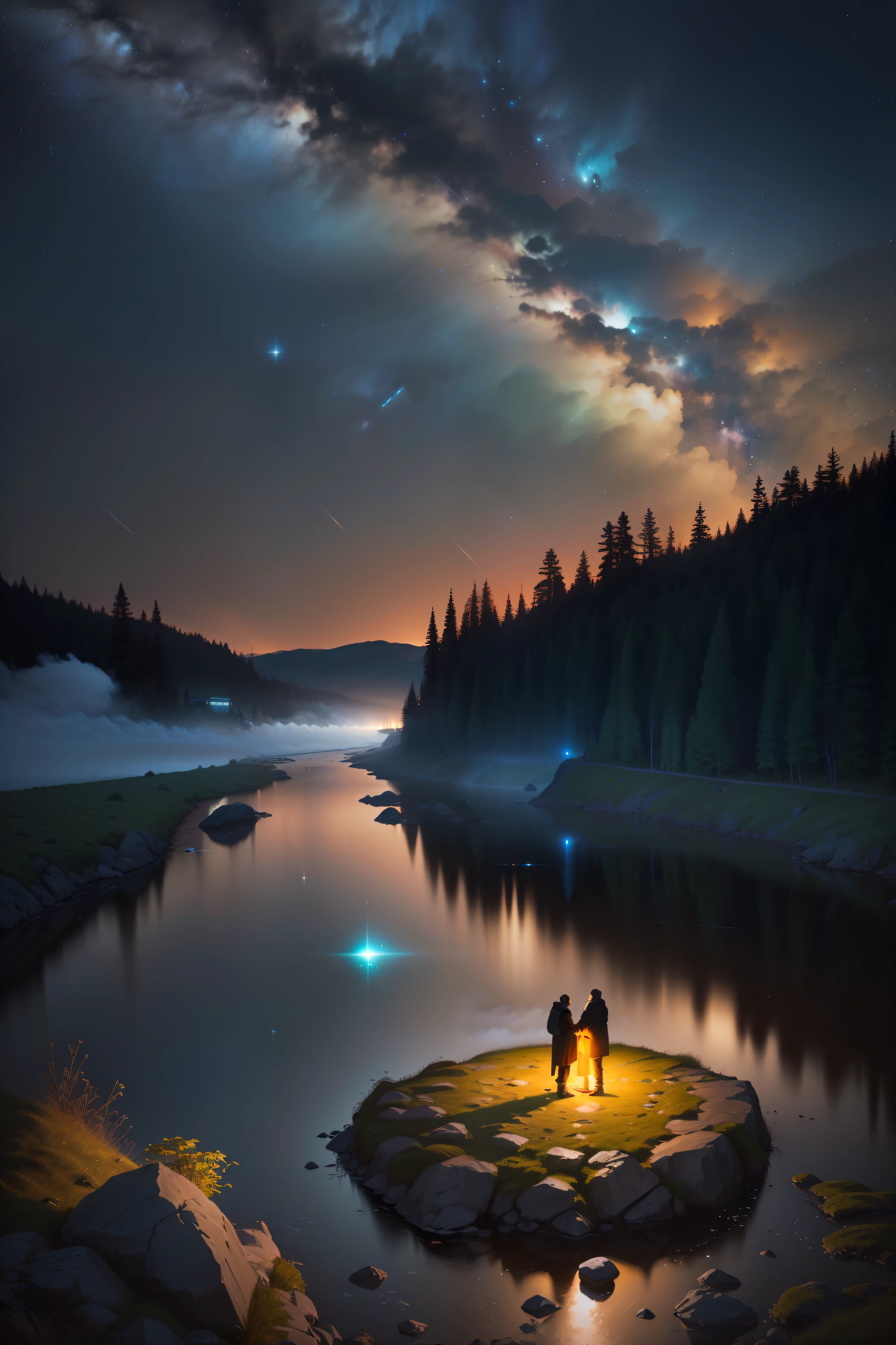 The background is a river landscape of rocks and forests,On the rock sat a man and a woman，as thick as thieves， nighttime nature landscape, milkyway light, milky way environment, Starry Sky 8 K, mikko lagerstedt, magical sparkling lake, spectacular milky way, Milky Way, fog and starry skies, In a mysterious scene, night sky photography, beautifully lit landscape, mystical lake, Beautiful and mysterious