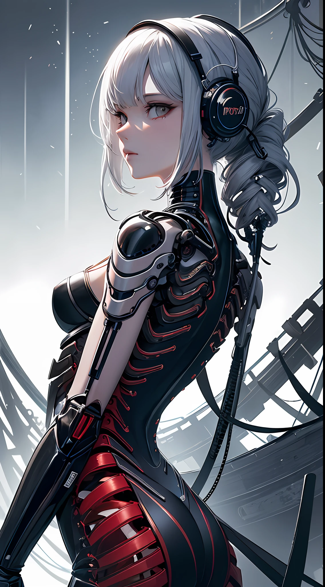 （tmasterpiece，top Quority，best qualtiy，offcial art，Beauty and aesthetics：1.2），（1girll：1.3），Extremely detailed，plethora of colors，Most detailed（（ultra - detailed）），（highly detailed CGillustration），（（Very fine and beautiful），（From the side Side），cinematic lighitnglamplight，（（1 mechanical girl）），solo person，full bodyesbian，（Machine-made joints：1.2），（（Mechanical limb）），（Blood vessel attached to tube）， （Mechanical vertebrae are attached to the back），（（The mechanical cervical vertebrae are attached to the neck）），（sitted），face expressionless，（Wires and cables are attached to the neck：1.2），（Wires and cables on the head：1.2）（Character focus），Science fiction，White background，（bloods：1.5），mechanicalparts，