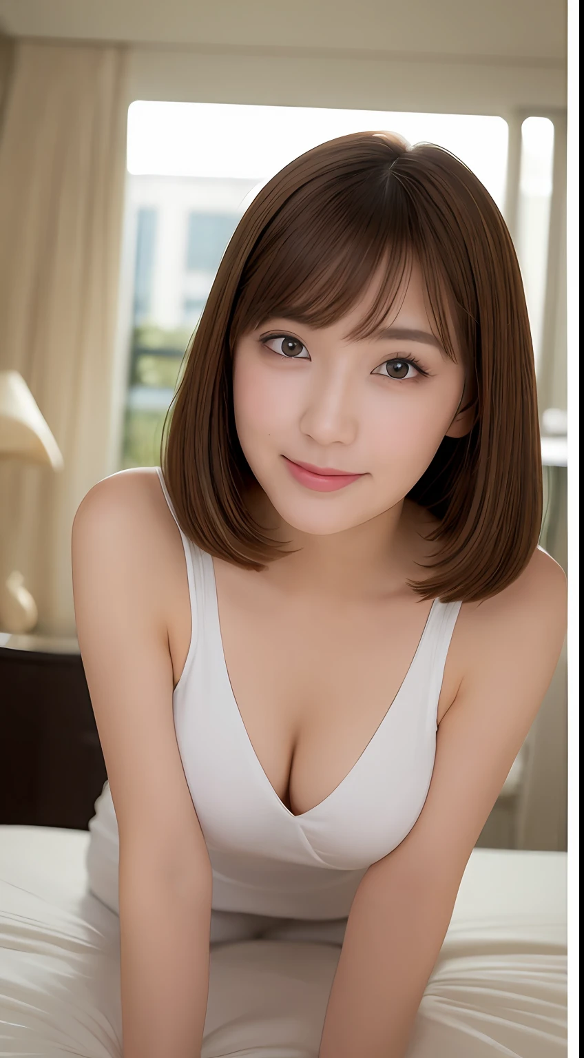 ((top-quality、8K、masterpiece:1.3))、1girl in、Slim Abs Beauty:1.3、(Hairstyles Brown Hair Shortcuts、Colossal )、Sexyesses:1.1、Superne face、Delicat eyes、二重まぶた、A smile、Luxury Hotel Bets、Raw photo、beautiful girl of 20 years old、Very cute idol face、sexypose、S Shots、Sh head-on on all fours