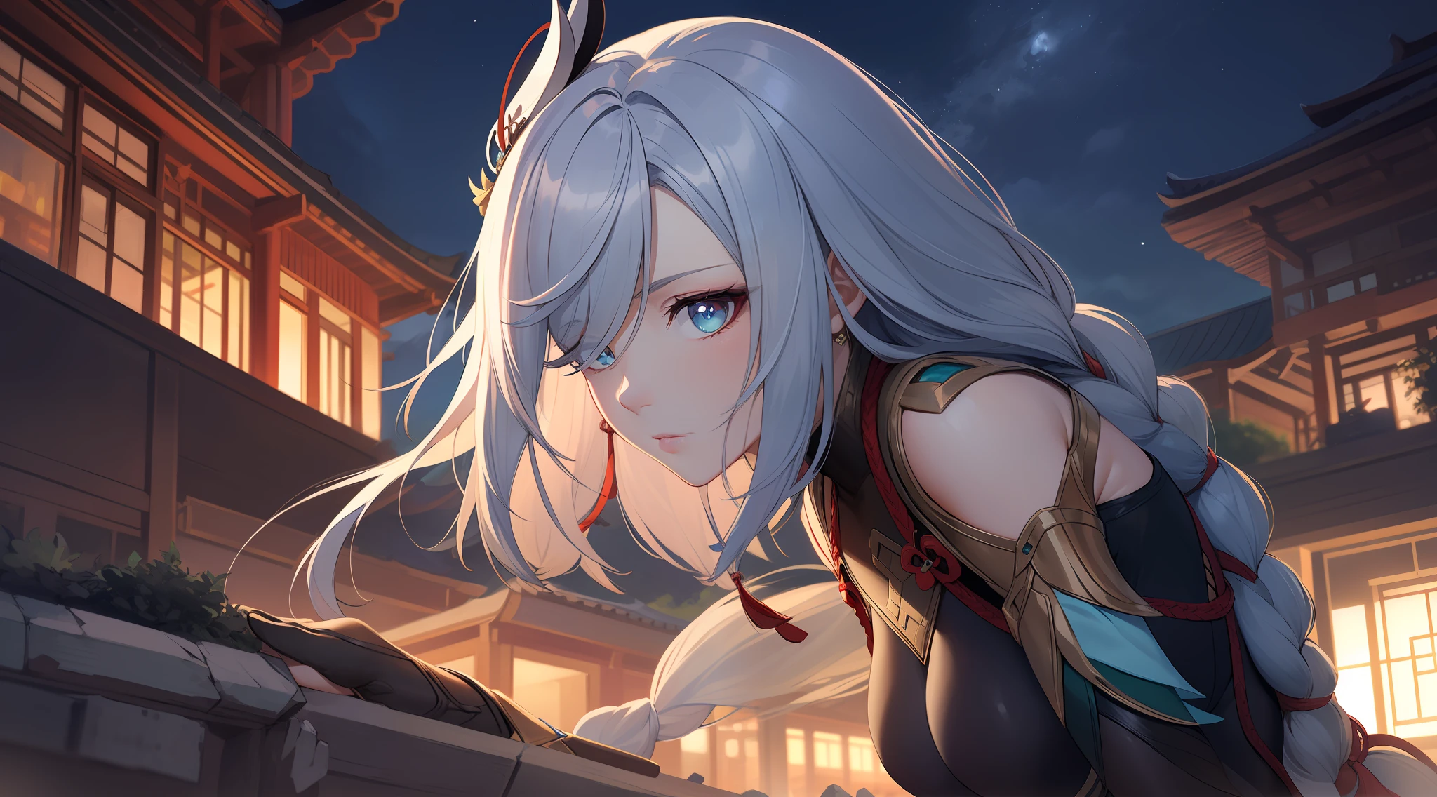 shenhedef, upper body, serious expression, blush, outdoors, night, liyue house background, dark moon sky, short hair, sky, beautiful nature surrounding near canyon, looking at viewer, mountain, moody lighting, (perfect detail eyes:1.2), glowing eyes, (long hair braid:1.2),
(Masterpiece, Best Quality, High Quality:1.4), professional artwork, Intricate Details, field of view, sharp focus, detailed painting, photorealistic lighting, trending on pixiv, (vivid lighting, vibrant colors:1.05), realistic shadows, ambient occlusion,