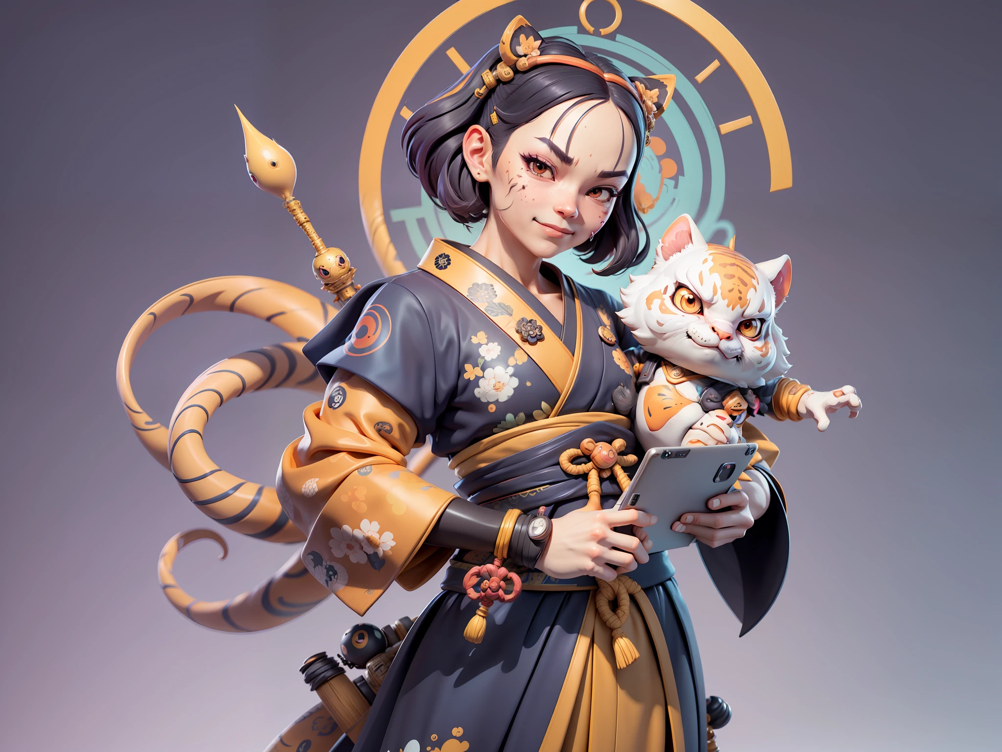 (Daisaku),(Need),(Super meticulous),(full bodyesbian:1.2),Japanese ukiyo-e girl,japanese geisha,Beautiful,Oriental dragon,one tiger,Aeolian Thor,Raised sexy,爆乳,Oriental face,TV Anchor,Bust portrait illustration,Alone,In black suit,a blue tie,The face is slightly chubby,The face was clean,without a beard,Black super short hair,Black eyes,Smile confidently,3C computer sub-products,iPad, iphone,Digital painting,3D character design by Mark Clairen and Pixar and Hayao Miyazaki and Akira Toriyama,The illustration is a high-definition illustration in 4K resolution,With very detailed facial features and cartoon-style visuals。