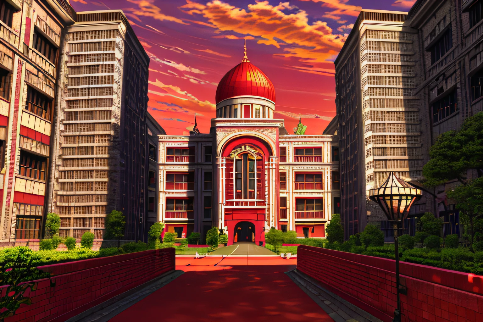 There is a sidewalk between the two buildings, arhitectural shot, architecture photo,Crimson walls, late afternoon sun, ,architectural photography, evening hours, research complex, arhitectural shot, Shoot in the afternoon, building facing, evening hours, Architecture in the background, In the afternoon session, Shoot in the afternoon, Afternoon session sun, architecture photo