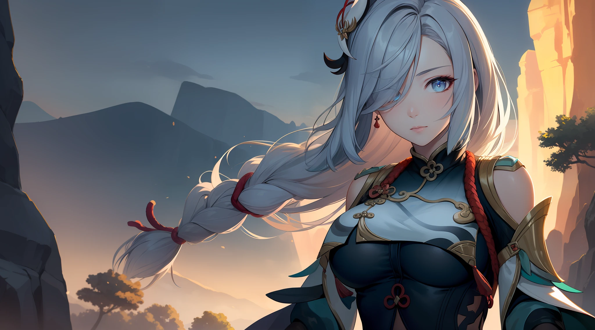 shenhedef, upper body, serious expression, blush, outdoors, night, liyue house background, dark moon sky, short hair, sky, beautiful nature surrounding near canyon, looking at viewer, mountain, moody lighting, (perfect detail eyes:1.2), glowing eyes, (long hair braid:1.2),
(Masterpiece, Best Quality, High Quality:1.4), professional artwork, Intricate Details, field of view, sharp focus, detailed painting, photorealistic lighting, trending on pixiv, (vivid lighting, vibrant colors:1.05), realistic shadows, ambient occlusion,