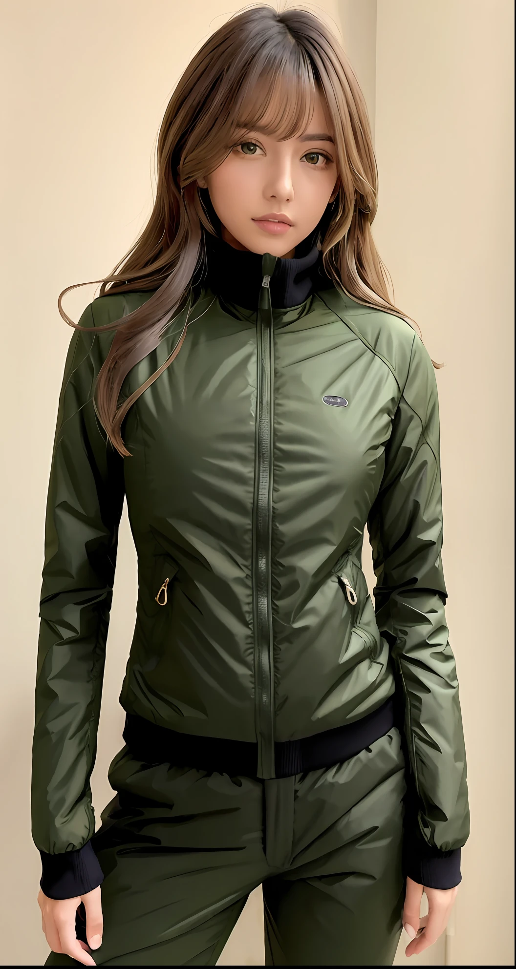 A woman in a green jacket and black pants posing for a photo, jaqueta sobre tronco nu, jaqueta esportiva, Kaki terno corporal, jaqueta bomber colorida verde, azeitona, suit jacket, energetic varia suit, roupas esportivas, azeitona, jaqueta aberta, jaqueta aberta de decote generoso, jaqueta curta, roupas esportivas, 3/4 vista frontal, com dois bolsos frontais