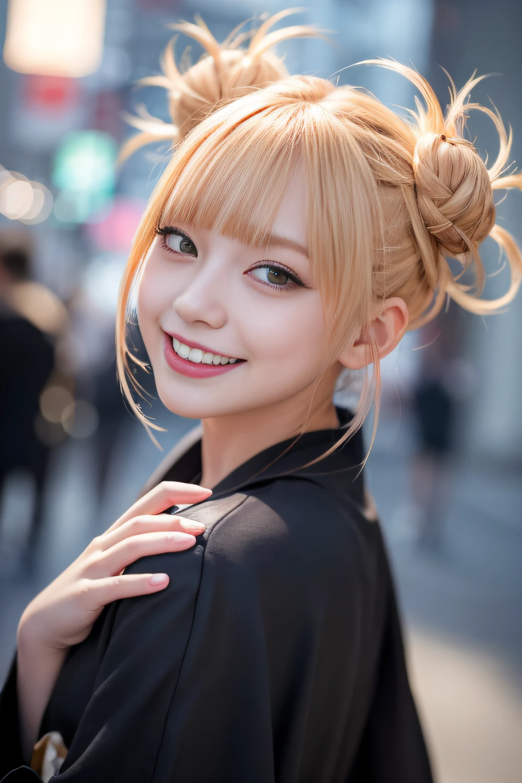 （（a blond、Himiko Toga、very dark lipgloss、Pure black lipstick、So many eyelashes、Pure black eyeshadow、Patsun、Twin-tailed、Bun head、tthin eyebrows、Crazy smile、red blush、double tooth、Yellow Colorcon、Flashy yukata、Flashy kimono））、、NSFW、8k、RAW Photography:1.2、（top-quality:1.4、hight resolution:1.4、​masterpiece:1.4）、Best Illustration、hyper realisitic:1.4、1girl、realisitic、The ultra-detailliert、Photorealsitic:1.4、incredibly absurdness、ulzzang -6500-v1.1:0.33、beautiful_mistake-6500:0.66、PureErosFace_v1:0.5、a closeup、Floating hair、Soft light、Cinema Lights、Film Grain、full bodyesbian、depth of fields、blurry backround、bokeh dof:1.4、eyes focus、pov、85mmレンズ、F/1.4、professionally lit、lensflare、Luminous particles:0.6、Professional Writing、portlate:0.6、Photon Mapping、Radio City、physically-based renderingt、Transparency、a japanese girl、sexual excitement:1.5、lifelike face、Realistic body、real looking skin、huge-breasted:1.3、well-styled、camel's toe、light skinned:1.1、（Floating Hair NovaFrog Style、Hairstyles tailored to Japan trends in 2023、A dark-haired、cute little:1.5）