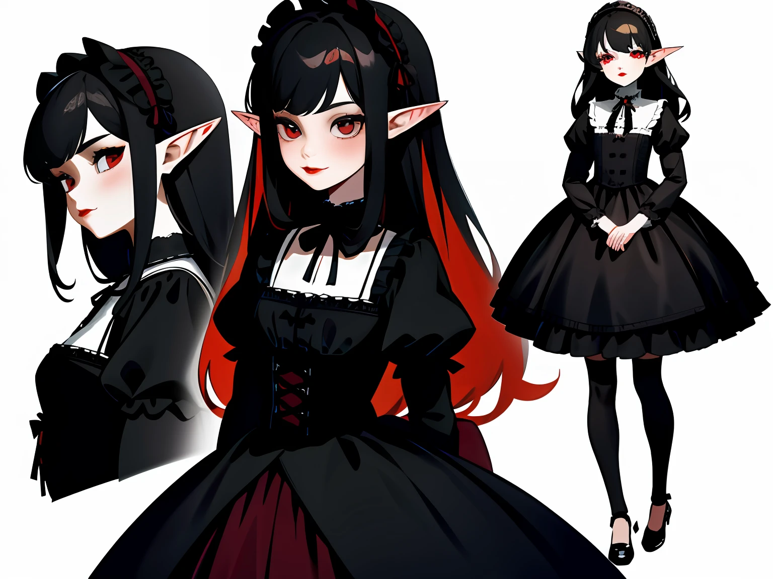 Masterpiece: 1.6, best quality: 1.4, live image: 1.2, intricate details: 1.2, graphicsournerv2: 1.2, 1lady full body character change, 
Appearance: doll girl, Dolly, black color gothic lolita dress, vampire, red color eyes, long black hair, red lips, elf ears, doll body, delicate appearance, 
(single background, white background: 1.3), multiple views, multiple views of the same character with the same outfit: 1.3.
