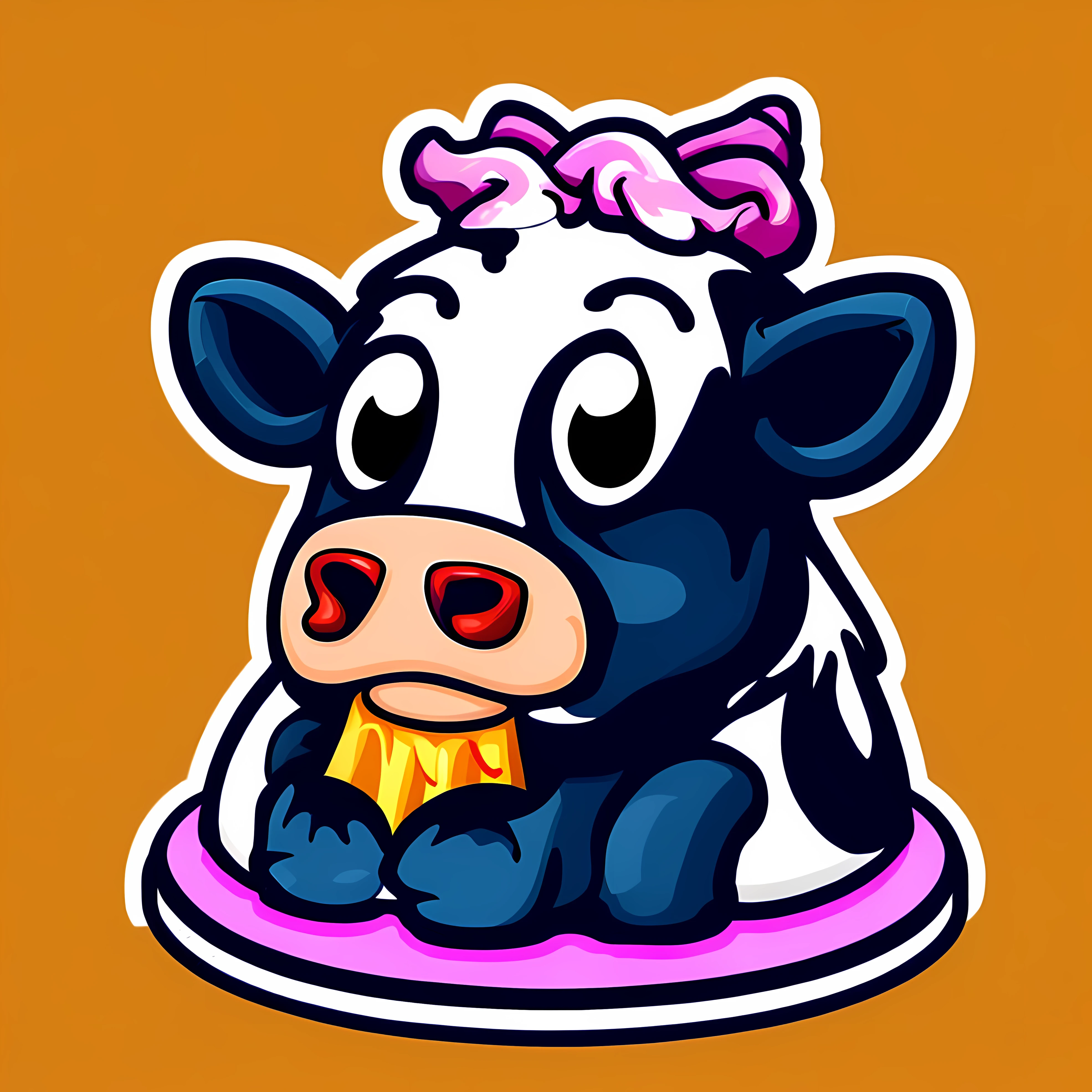 Cute cow eating cake、Whipped cream on the head、cartoon、Illustration of a cow、cheesecake、A logo