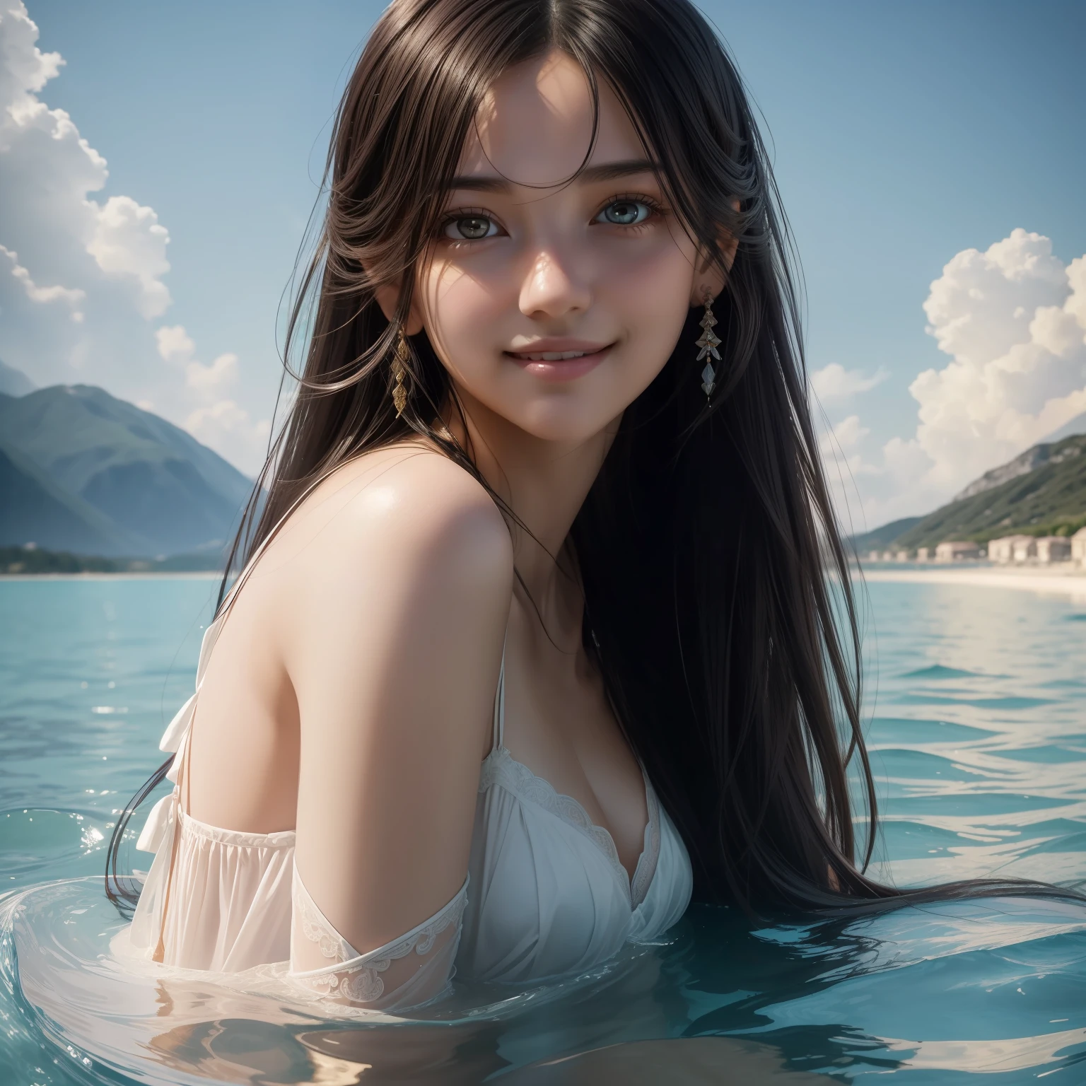 (best quality),(ultra-detailed),(masterpiece),(wallpaper),looking at viewers,delicate details,bright eyes,light on face,cinematic lighting,sexy figure,perfect body proportion,blush,black hair,floating hair,(long hair:1.3),smirk,bed,(by artist Aliza Razell:1.5),1girl,Absolute field,Smooth skin,Expose legs,full body, ,unity 8k wallpaper,ultra detailed,beautiful and aesthetic,beautiful,masterpiece,best quality,,lying,group picture,Sit in the water, bright light，Close-up，Studio light，sweet smile, light on face，