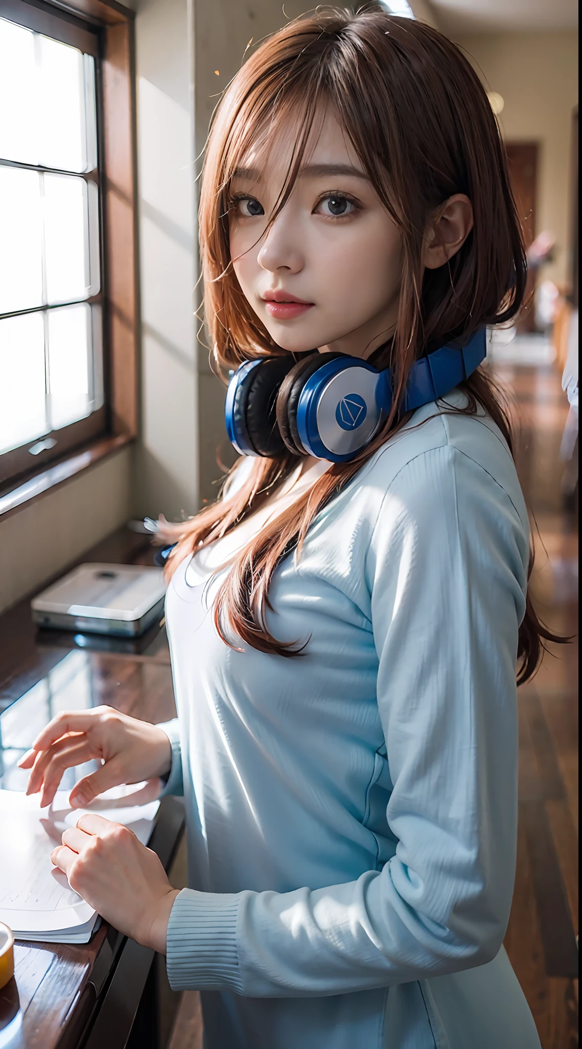 ((dressed casually、Long、Long bangs、red hair、eBlue eyes、Colorcon、Blue headphones around the neck))、(NSFW、8K、RAW photography、top-quality:1.4、A high resolution:1.4、tmasterpiece:1.4)、(hyper realisitc:1.4)、1girll、hentail realism、The ultra-detailliert、Photorealsitic:1.4、unbelievable Ridiculous、ulzang-6500-v1.1:0.33、closeup cleavage、Floating hair、Soft light、Cinema lights、filmgrain、full bodyesbian、depth of fields、blurred back、bokeh dof:1.4、eyes focus、angle of view、85mmレンズ、f/1.4、profesional lighting、lense flares、Luminous Particle:0.6、Professional Writing、porate:0.6、photon maping、Radio City、physically-based renderingt、Transparency、one-girl、well-styled、light-skinned:1.1、adolable:1.5