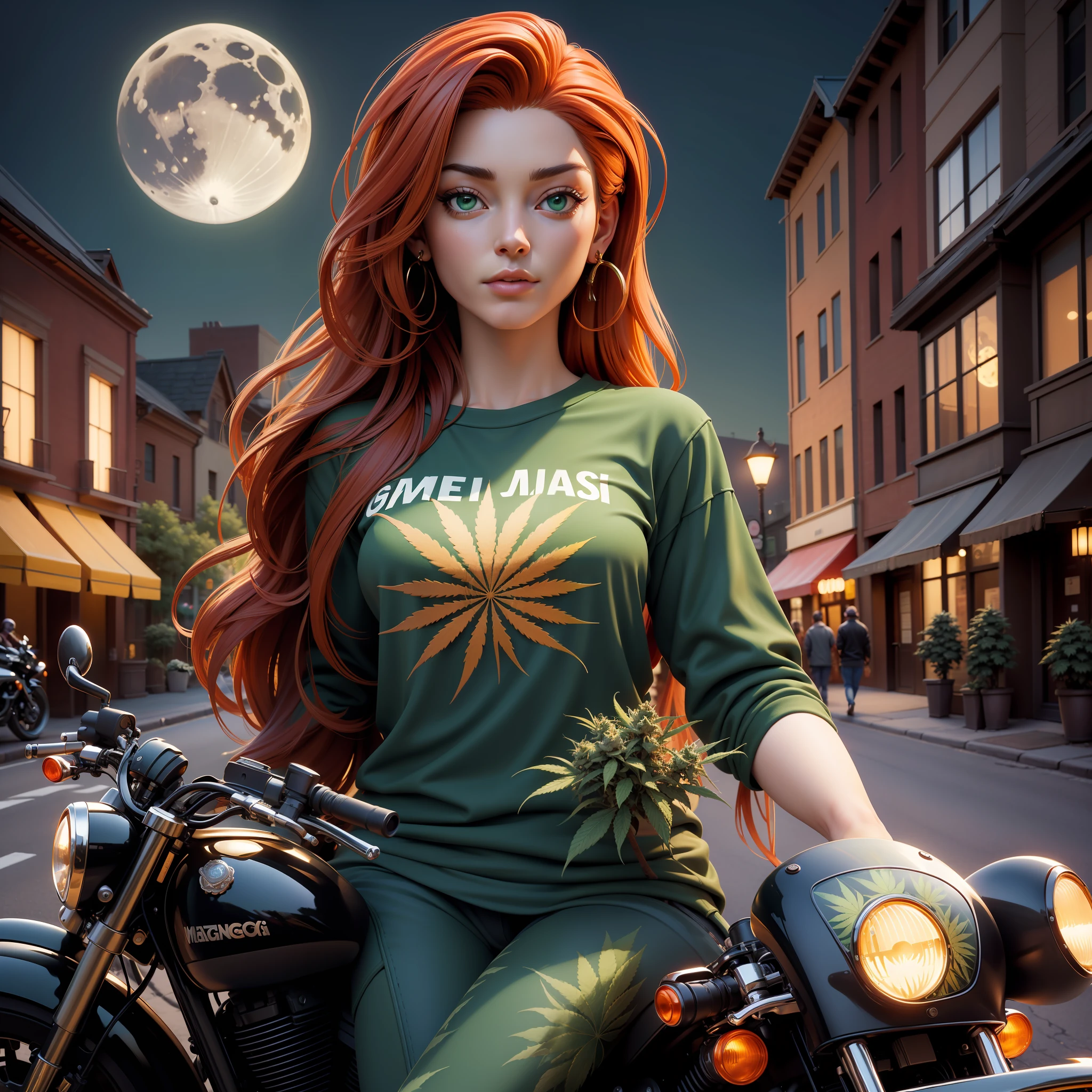 (masterpiece, top quality, best quality, official art, beautiful and aesthetic:1.2), a close up of a beautiful woman sitting on a motorcycle with red hair, beautiful green eyes, personification of marijuana, princess of cannabis, cannabis, marihuana, marijuana organic painting, marijuana, smoking weed, wearing a marijuana t - shirt, cannabis!, marijuana themed, cannabis paranoia, entheogen, marijuana asymmetrical, pot leaf, marijuana!, weed, ganja, night, moon light, street, motorcycle, 8 k hd detailed oil painting, at a city street, photorealism,