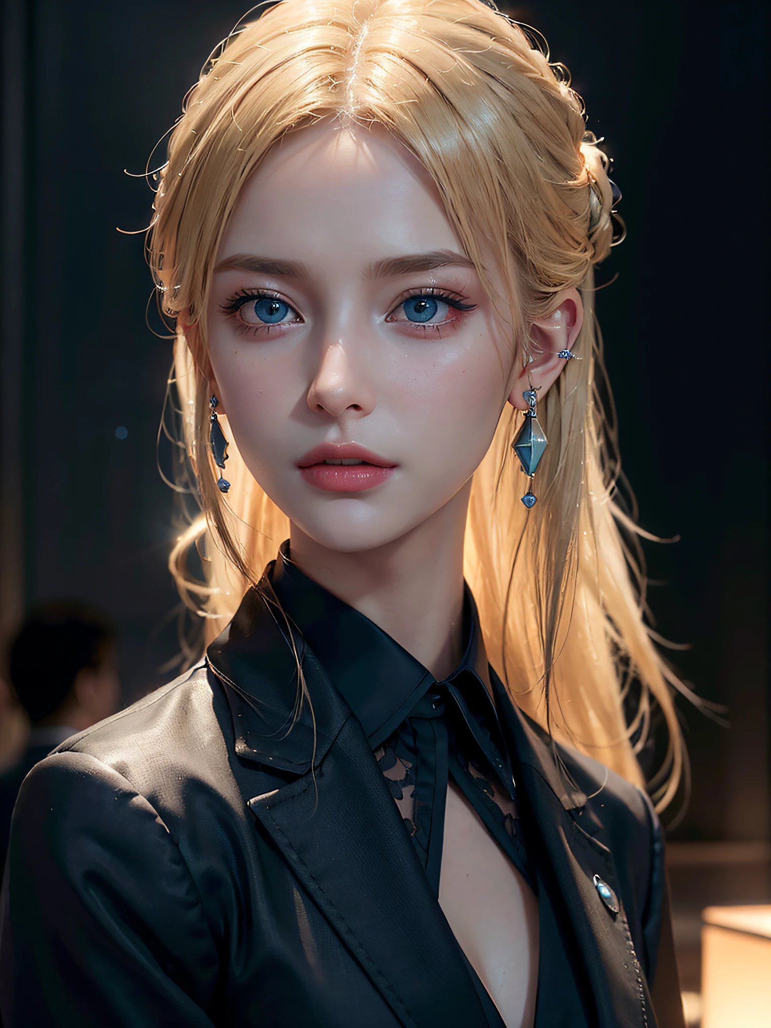 photo of beautiful (n4t3mm:0.99), (unreal engine), dramatic, beautiful blonde supermodel with blue eyes standing wearing ladies formal suit, dark moody ambience (masterpiece:1.2) (photorealistic:1.2) (bokeh) (best quality) (detailed skin:1.2) (intricate details) (nighttime) (8k) (HDR) (cinematic lighting) (sharp focus), (looking at the camera:1.1), ((closeup portrait:1.2)), (earrings), colorful outfit