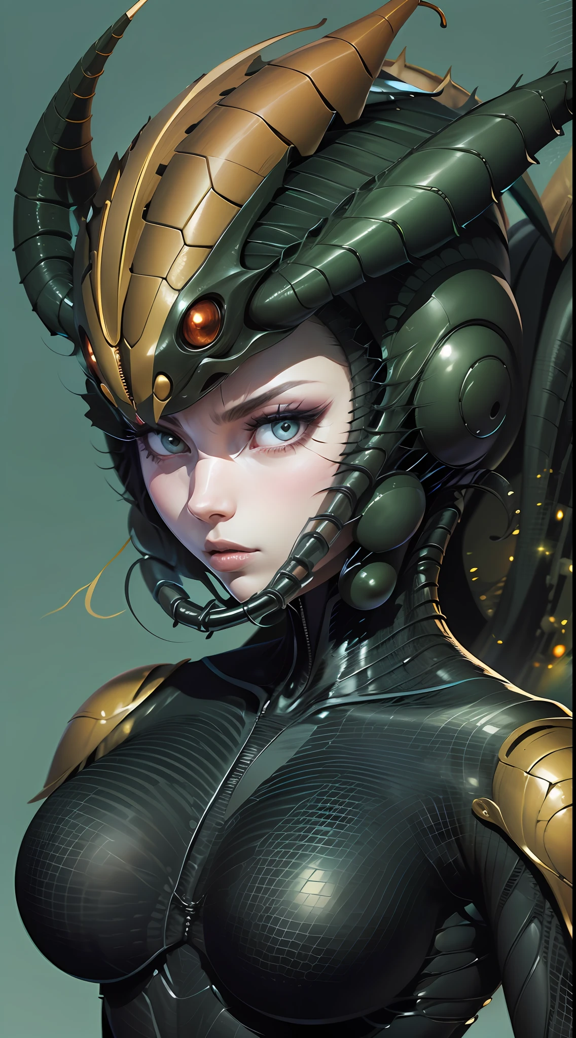 Cartoon photo of a woman in a jet black costume、Hot insect humanoid female、a person々takeout、Guyver Style、SFW version、Scarabeleploid、tail、Cel Shade Adult Animation、Alien Queen、