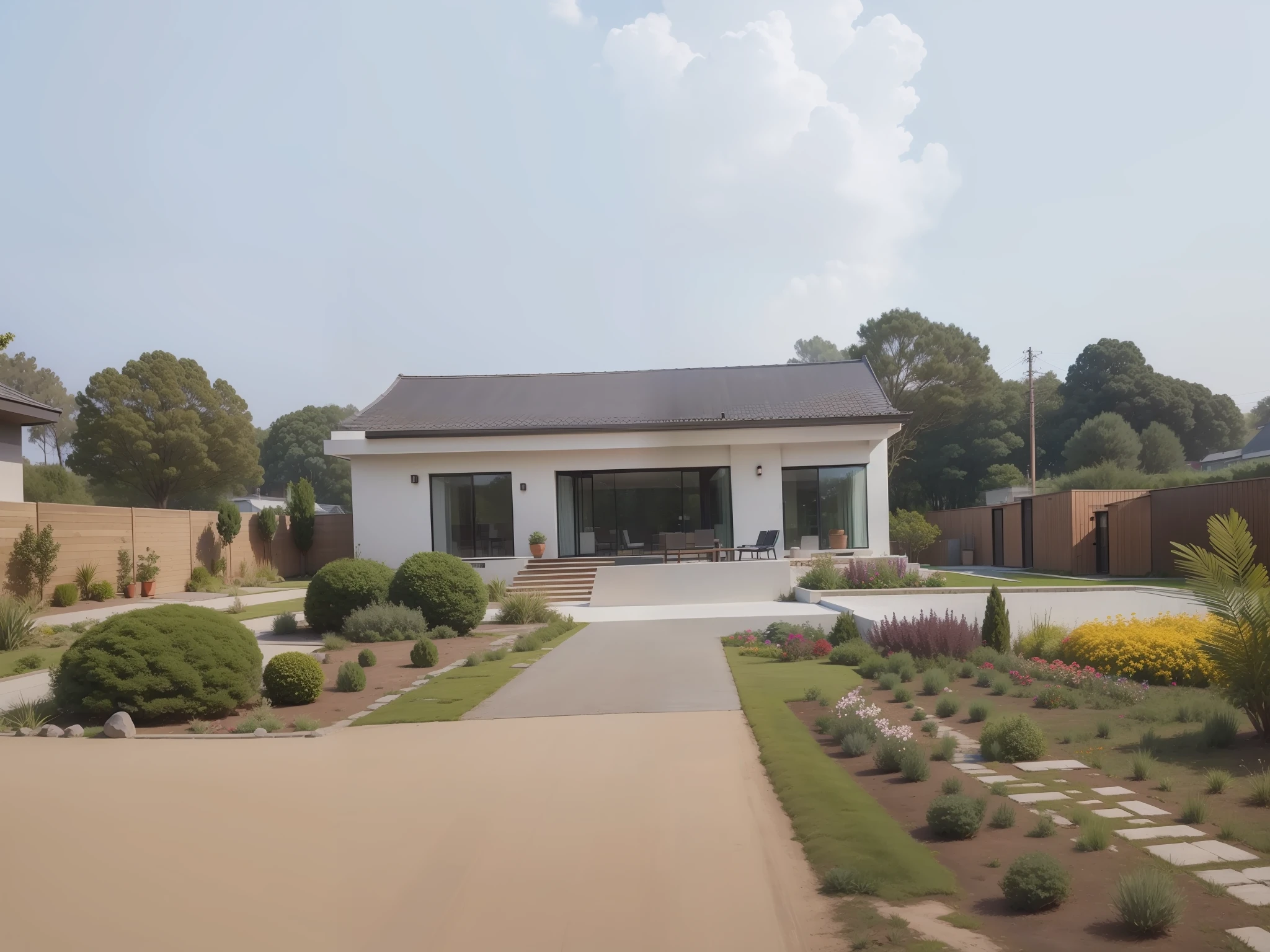 modern garden house design, many trees and flowers, beautiful landscape, high realism