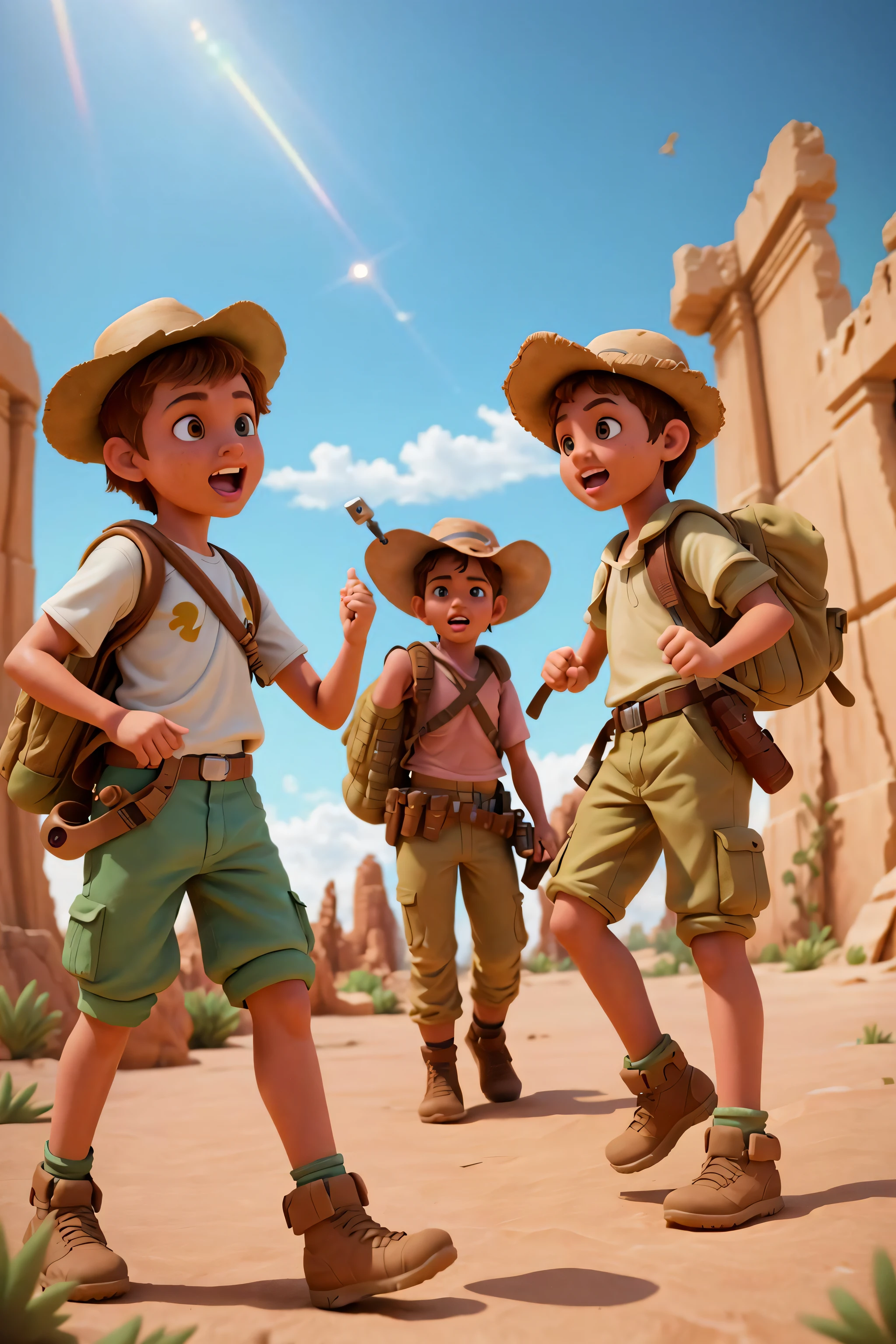 AS-Young 2girls 2boys adventuring in ancient desert ruins, khaki clothes hats and backpacks cargo action camera dutch angle
(masterpiece:1.2) (photorealistic:1.2) (bokeh) (best quality) (detailed skin) (intricate details) (8k) (high poly) (claymation) (cinematic lighting) (sharp focus)