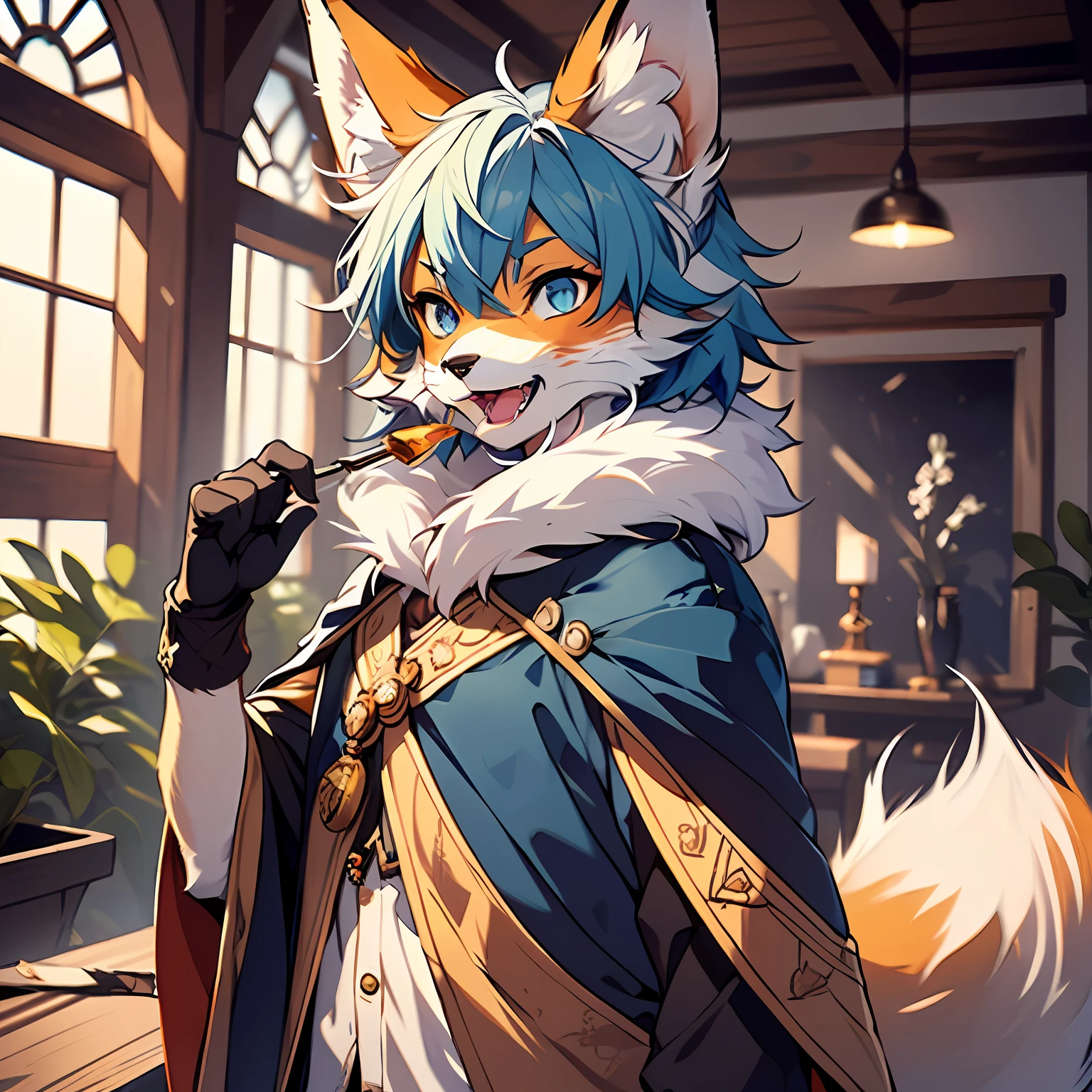 (ambiente dark:0.8),masterpiece,high quality,abstract res,digital painting\(artwork\), by dagasi,(anthro,fluffy fur,character focus:1.1),anthro male cat,short hair,portrait , eyes with brightness, in a panoramic view, Character focus.(detailedbackground:0.7), 独奏, (Best Picture Quality), (tmasterpiece), ((solo person)),(ultra - detailed), (hairy pubic), furry,(Male fox:1.5), (Amber skin:1.3), (Fluffy tail:1.2), (blue color eyes), (The paws of an arctic fox), (Amber ears), ,tack sharp focus,(The furry feeling of animal ears), (long canines,Vampires,cloaks：1.2）,with her mouth open，Sharp teeth are exposed（interiors,the night,borgar,casket：1.1）