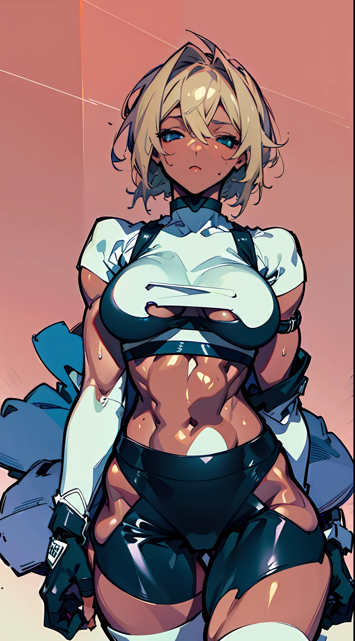 (High resolution), (in 8K), (Extreme Detail), (Best Illustration), (beautiful detail), (Best Quality), (masuter piece), ( Detailed face), (Sportsbra、Sports pants)Tia Harribel、darkskinned、a blond、short-cut、blue eyess、full body Esbian、Training、 Realistic fantasy rendering, Realistic anime girl rendering, Full body portrait, (Big Breast: 1.4) popular in CGSTATION、sports gym、Sweating、Rough breath、hot air、a sultry、Looking at the camera