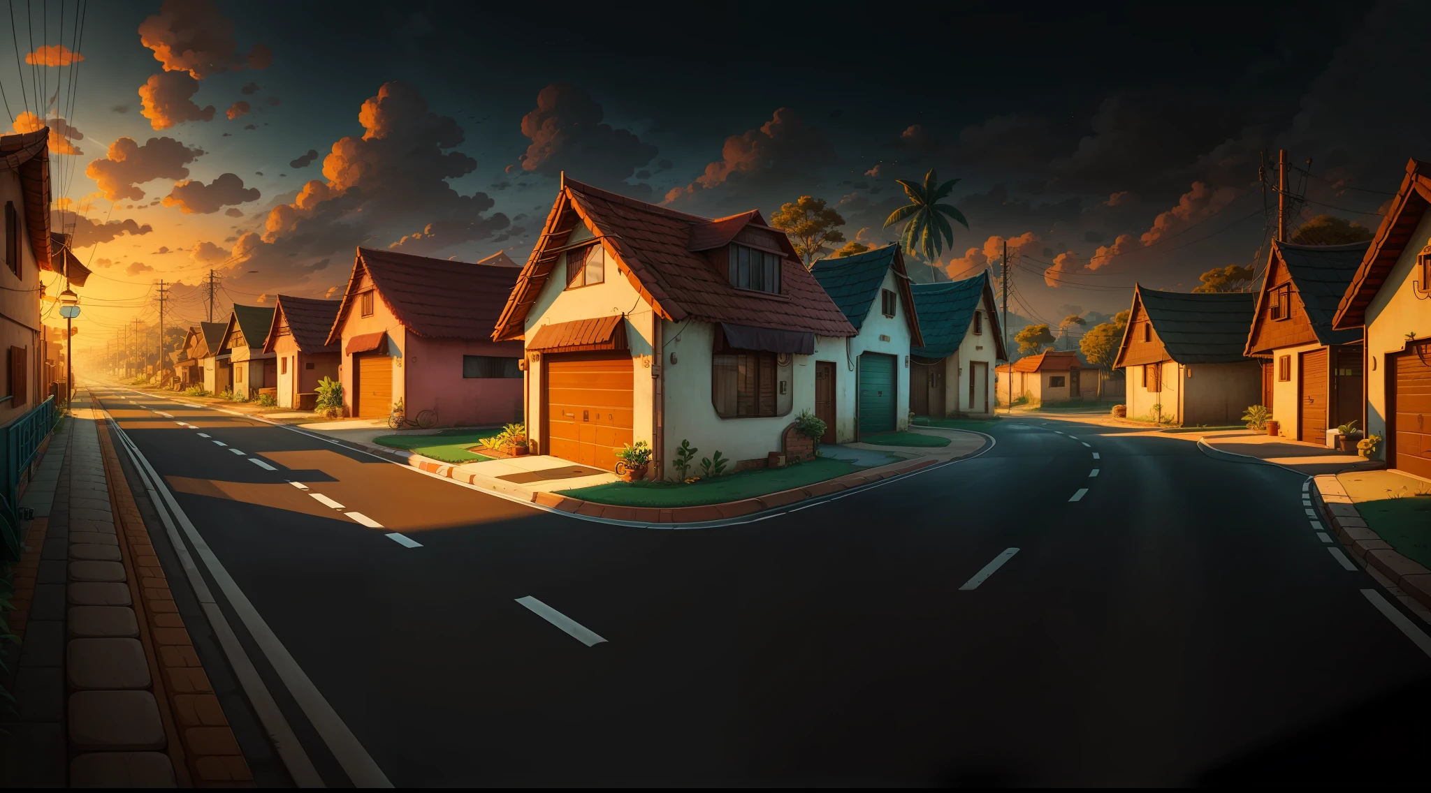 Give me a road cartoon background there are many house morning lighting , morning time , colony