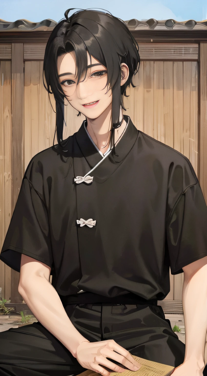 A 30-year-old man, Black hair , Plain clothes, (Ancient Chinese civilians),ssmile,Squint,Anime figure ,(Rustic),villages