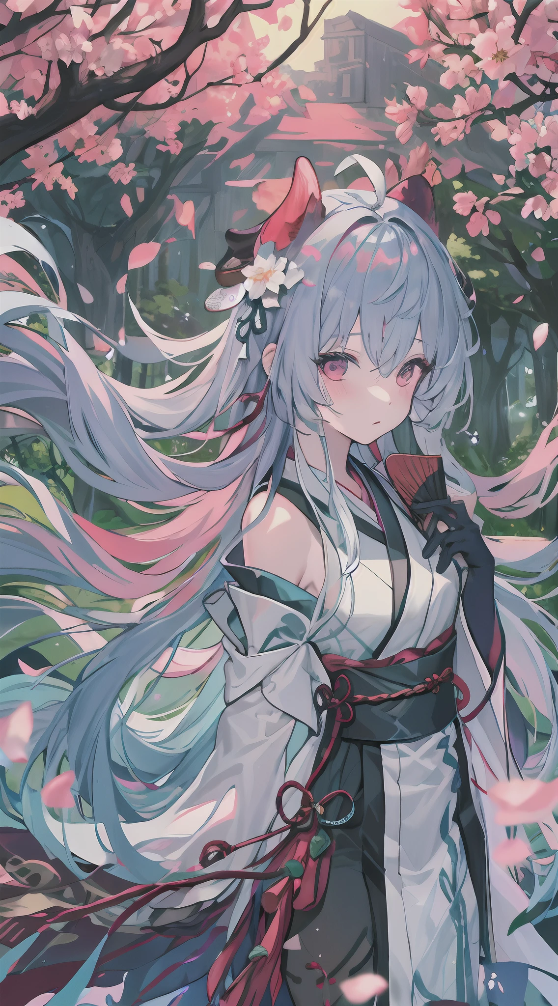 Top quality, Ink painting style, Fresh and elegant, Clear lake water,In the setting sun,Cherry blossom petals fall quietly, Girl in pure white kimono, holding folding fan,A gentle breeze ruffles the hair, In the woods dotted with green leaves, Birds chirp happily, A poetic scene