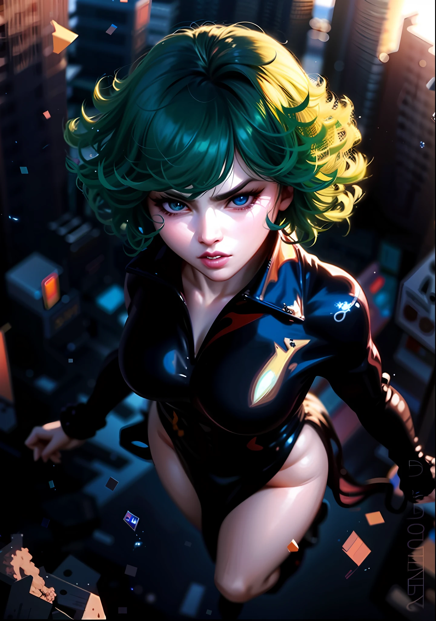 Un primer plano de una mujer con cabello verde y una blusa negra, Tatsumaki de One Punch Man, 8K Artgerm Bokeh, Arte detallado de alta calidad 8K, Anime style. 8k, Ilya Kuvshinov. 4 mil, Alena Aenami y Artgerm, Artgerm extremadamente detallado, Badass Anime 8K, Estilo Artgerm