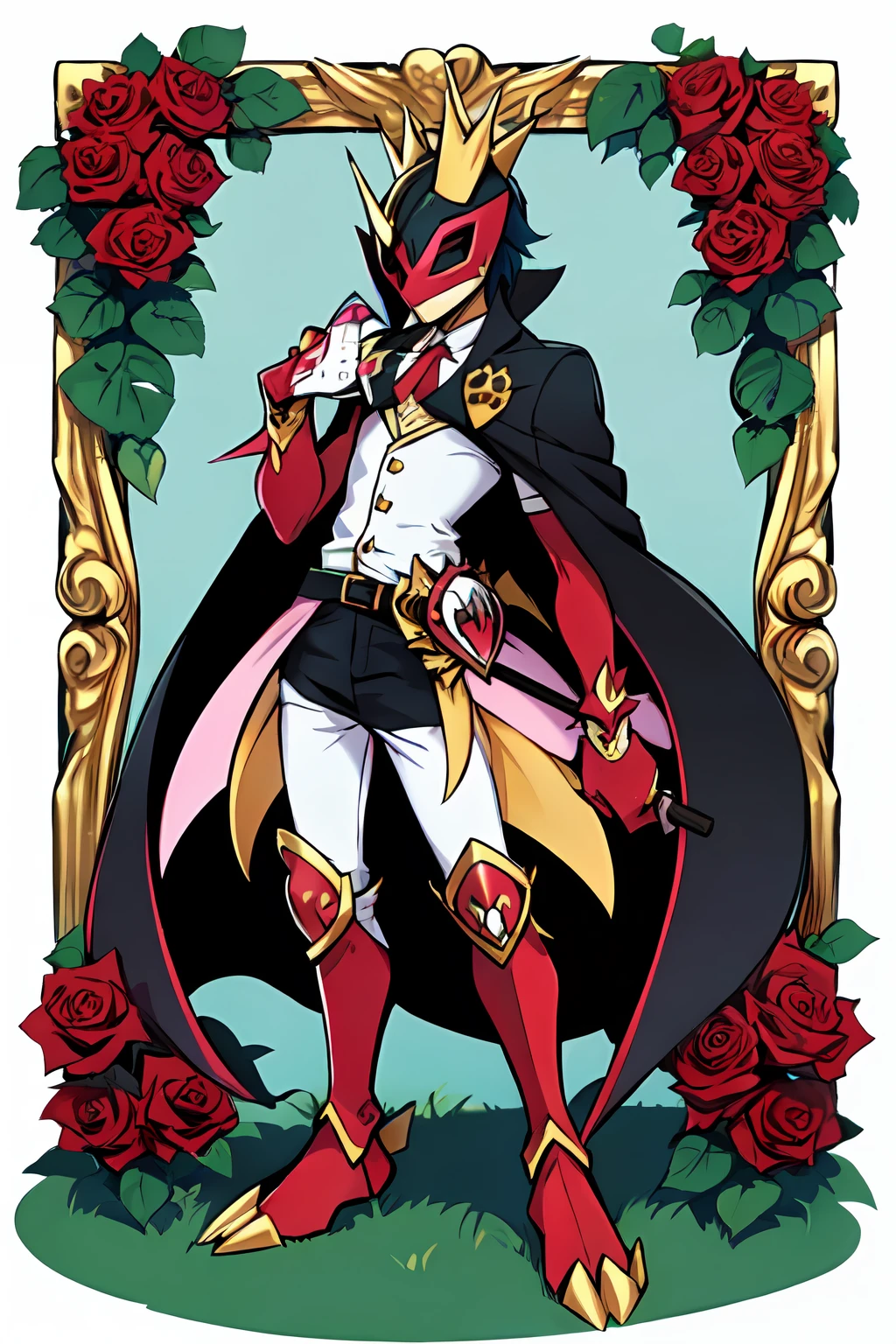 (masterpiece, best quality:1.2), solo, male focus, 1boy, ((riddle rosehearts as a Digimon)), ((Overblot))angry, closed mouth,pout , looking at viewer, holding a scepter, mini crown, white shirt, cape, Pants ((white , black ,red and gold color scheme:1.4)),(( pink skin))((Rose themed)), ((Plant monster)), fairy ,digimon \(creature\),(( Rosemoninspired)),(( eyes covered by mask)),((broken heart Details))
