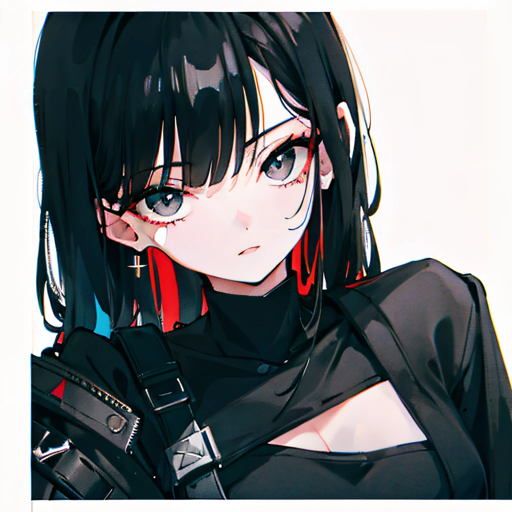 1girl,utmost+Beautiful+meticuloso_the face,utmost+Beautiful+meticuloso_The eye,The upper part of the body,closeup cleavage,cyberpunk backgrouns,sketching,solidcolor,A woman in a black shirt and black dress,Minimalist style,Wear elegant casual clothing,boots,Milk and black style,Black eyes,Modern and stylish dress,Casual modern dress,inspo , Anime,Blackn clothes, a black skirt, Neutral tones, black and white color scheme, leisure wear, scary face,, 22 year old, adult face, long hair, ((black hair))