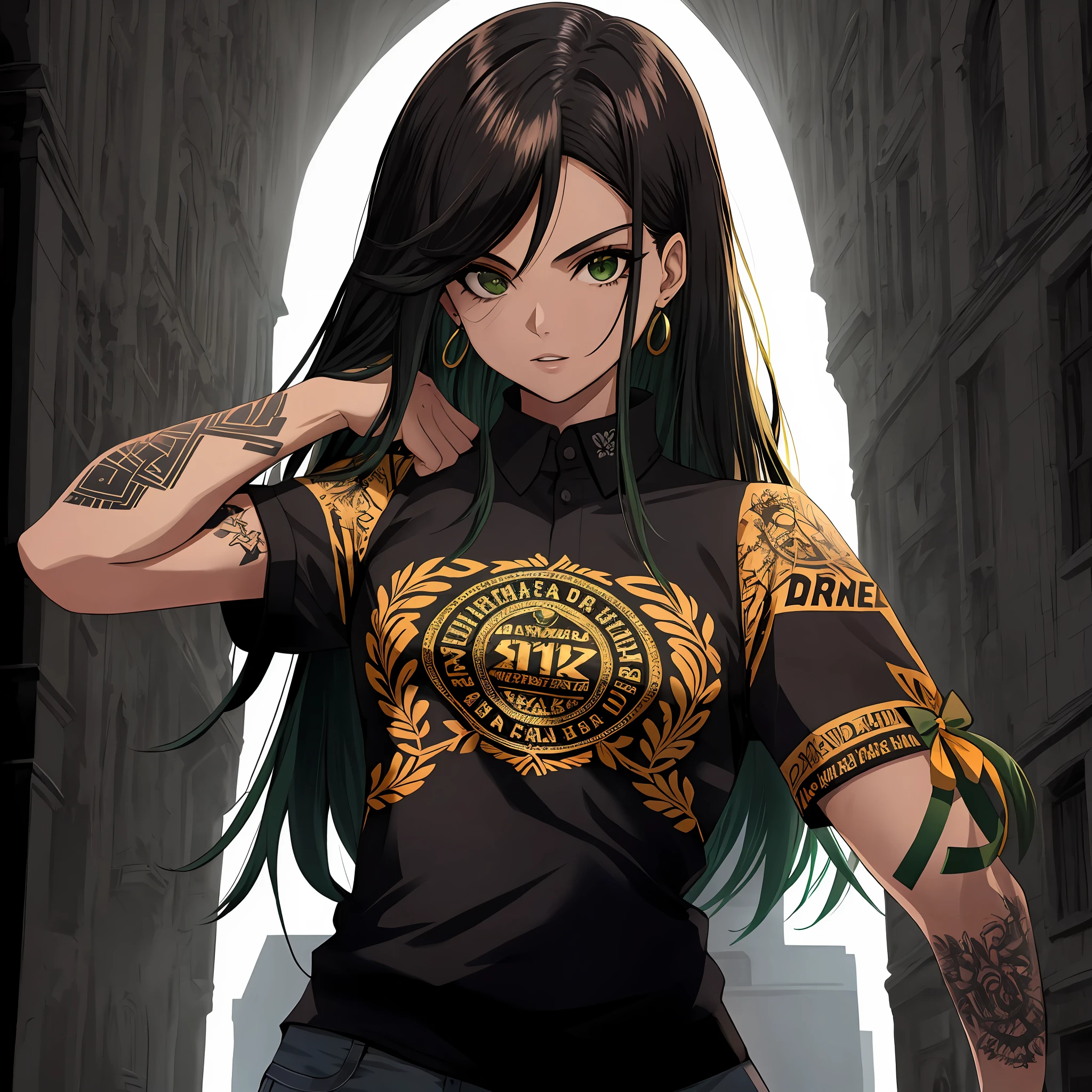 garota jovem, forte, musculosa, tatuada, camisa preta, cabelo preto, detalhes amarelos, verdes, camisa regata, 4k