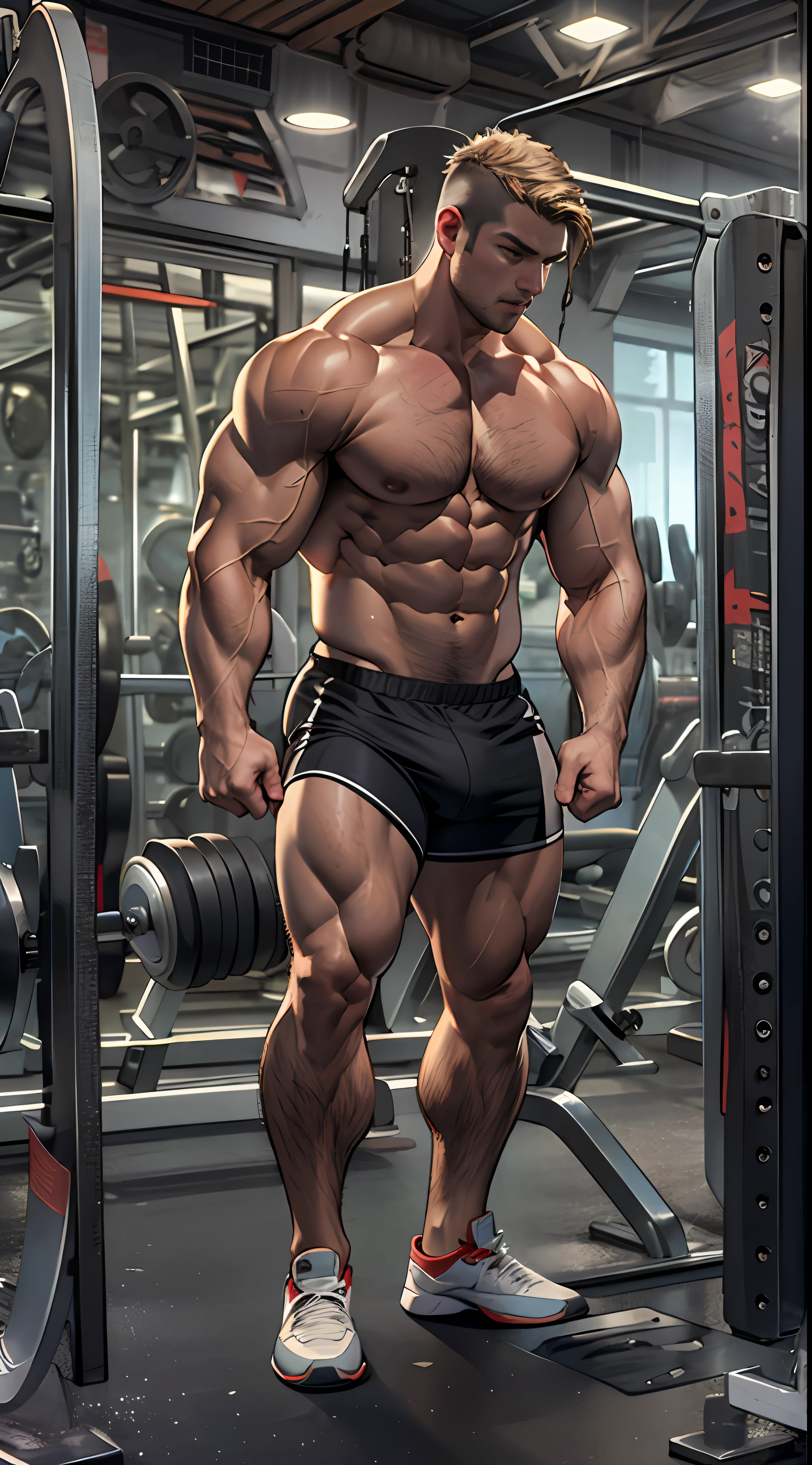Muscular athlete, bare chest, lower body uncovered from thighs to feet, long flowing curls, meticulous muscle definition, lifelike portrayal, 4K quality. Background: Modern gym with exercise equipment and mirrors,32k uhd, best quality, masterpiece, super detail, high details