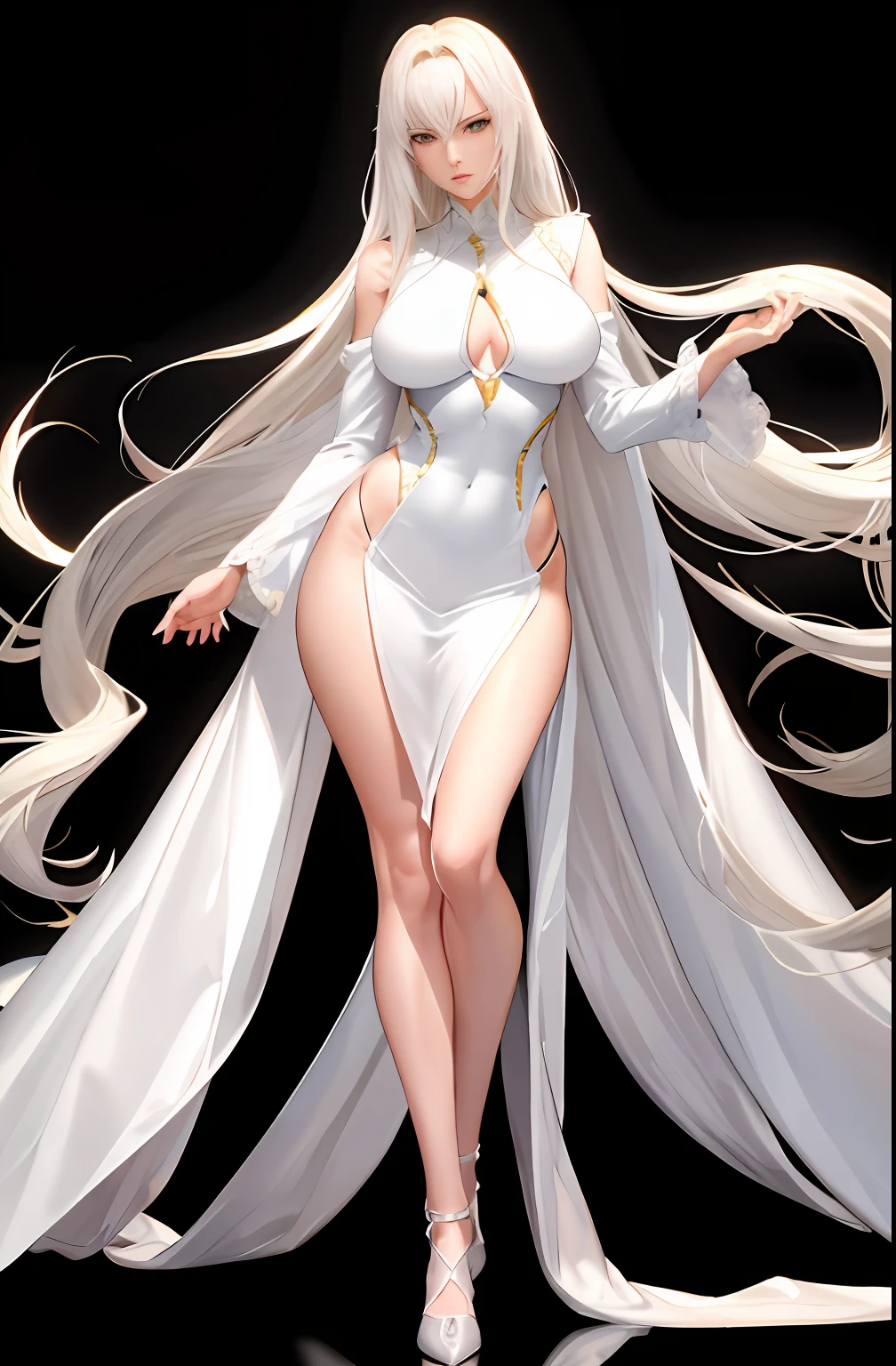 Master anime work, impeccable masterpiece, a mature noblewoman standing on a pure white background in a cool and sexy costume, female boss, flowing silver hair, full body standing, slender legs, straight breasts, detailed face details, natural and beautiful standing posture, vivid and real body details