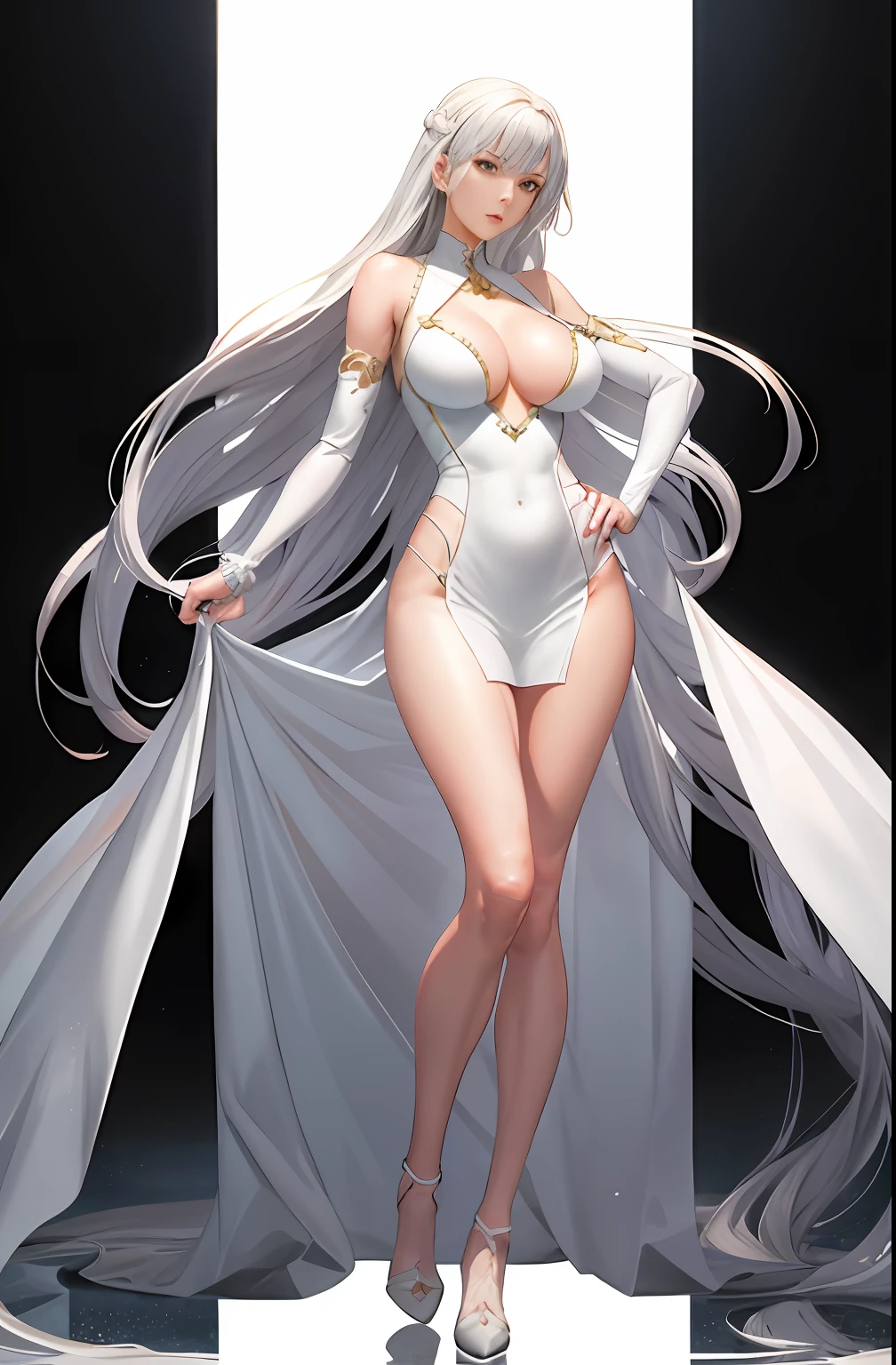 Master anime work, impeccable masterpiece, a mature noblewoman standing on a pure white background in a cool and sexy costume, female boss, flowing silver hair, full body standing, slender legs, straight breasts, detailed face details, natural and beautiful standing posture, vivid and real body details